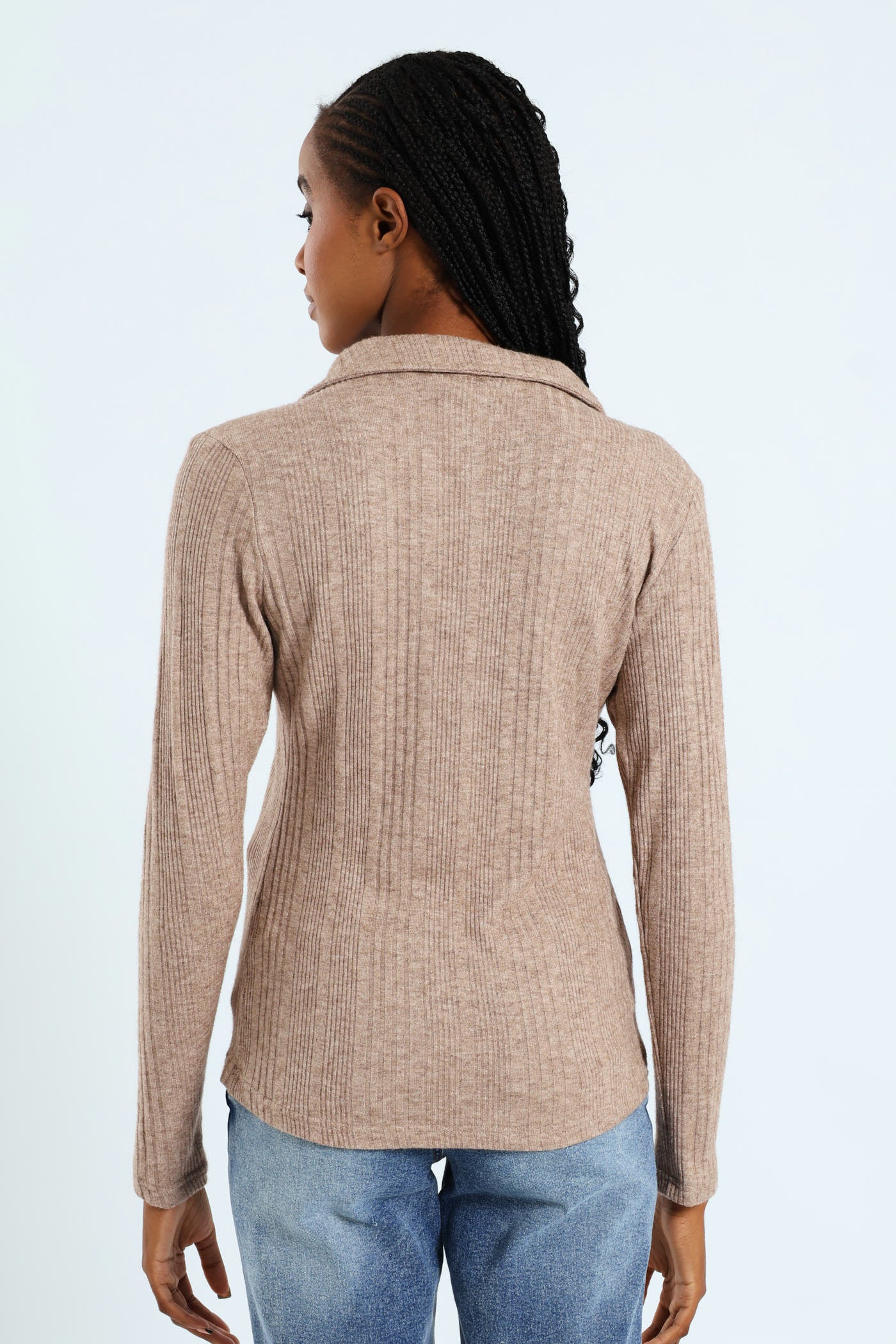 Long Sleeve Zip Through Collar Tee - Oatmeal Melange - Image 3