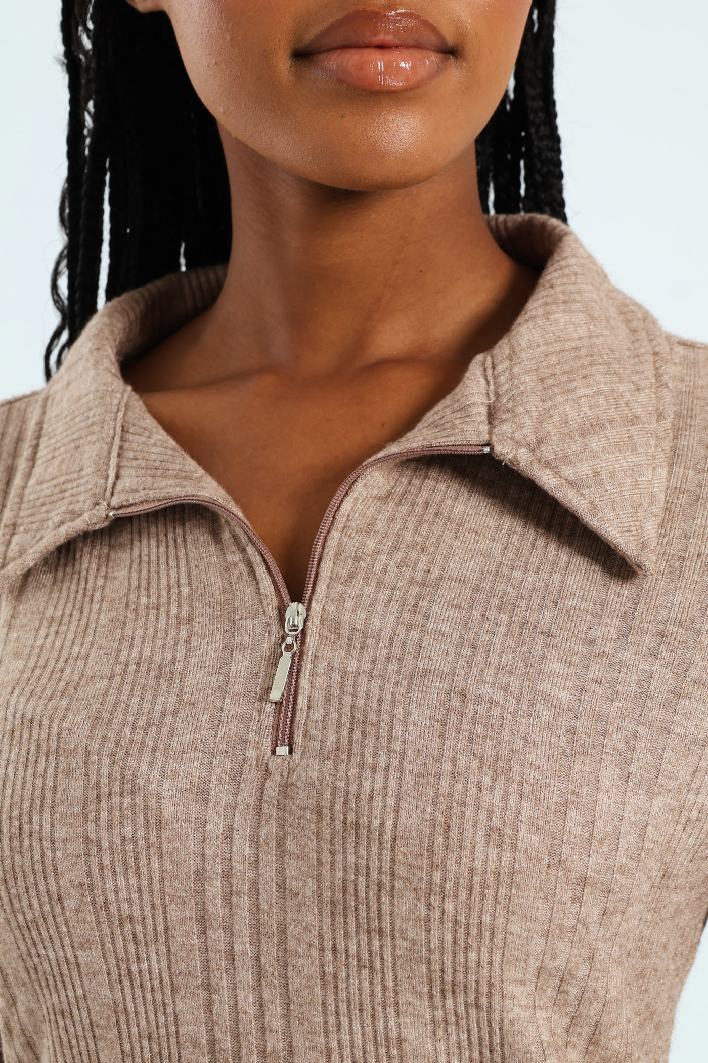 Long Sleeve Zip Through Collar Tee - Oatmeal Melange - Image 4