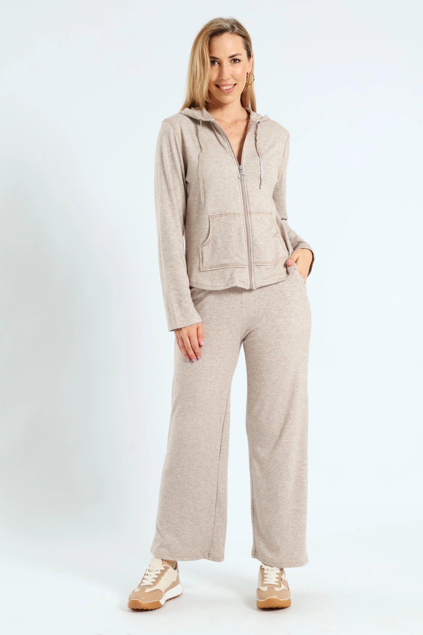 Long Sleeve Zip Through Leisure Hoodie - Oatmeal Melange - Image 2