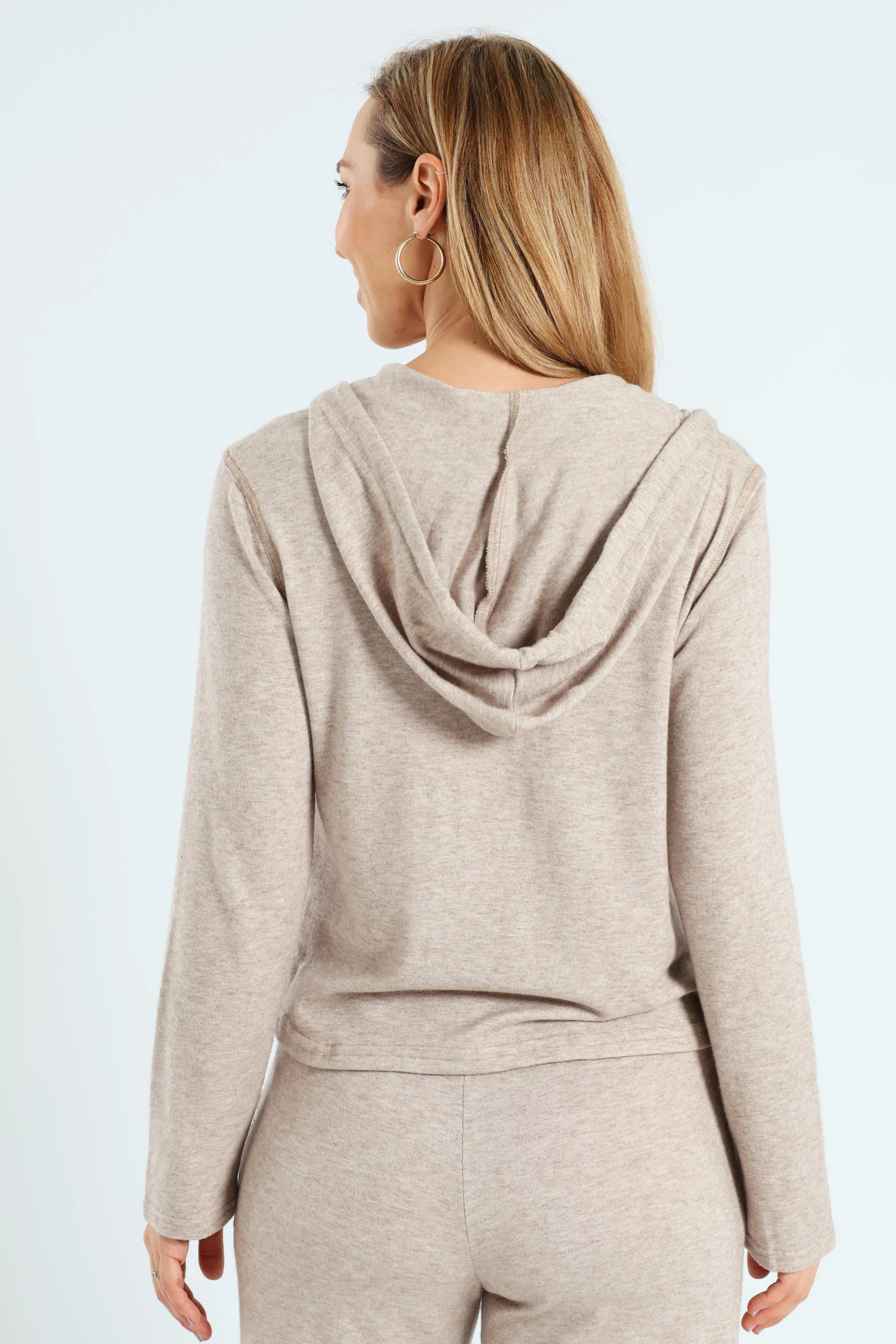 Long Sleeve Zip Through Leisure Hoodie - Oatmeal Melange - Image 3