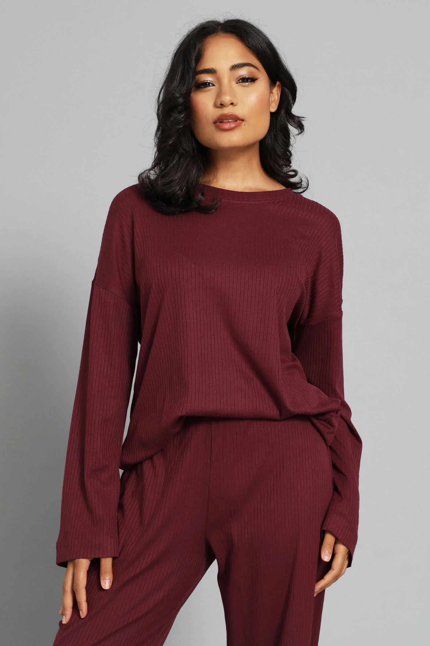 Long Sleve Textured Rib Tee - Burgundy - Image 2