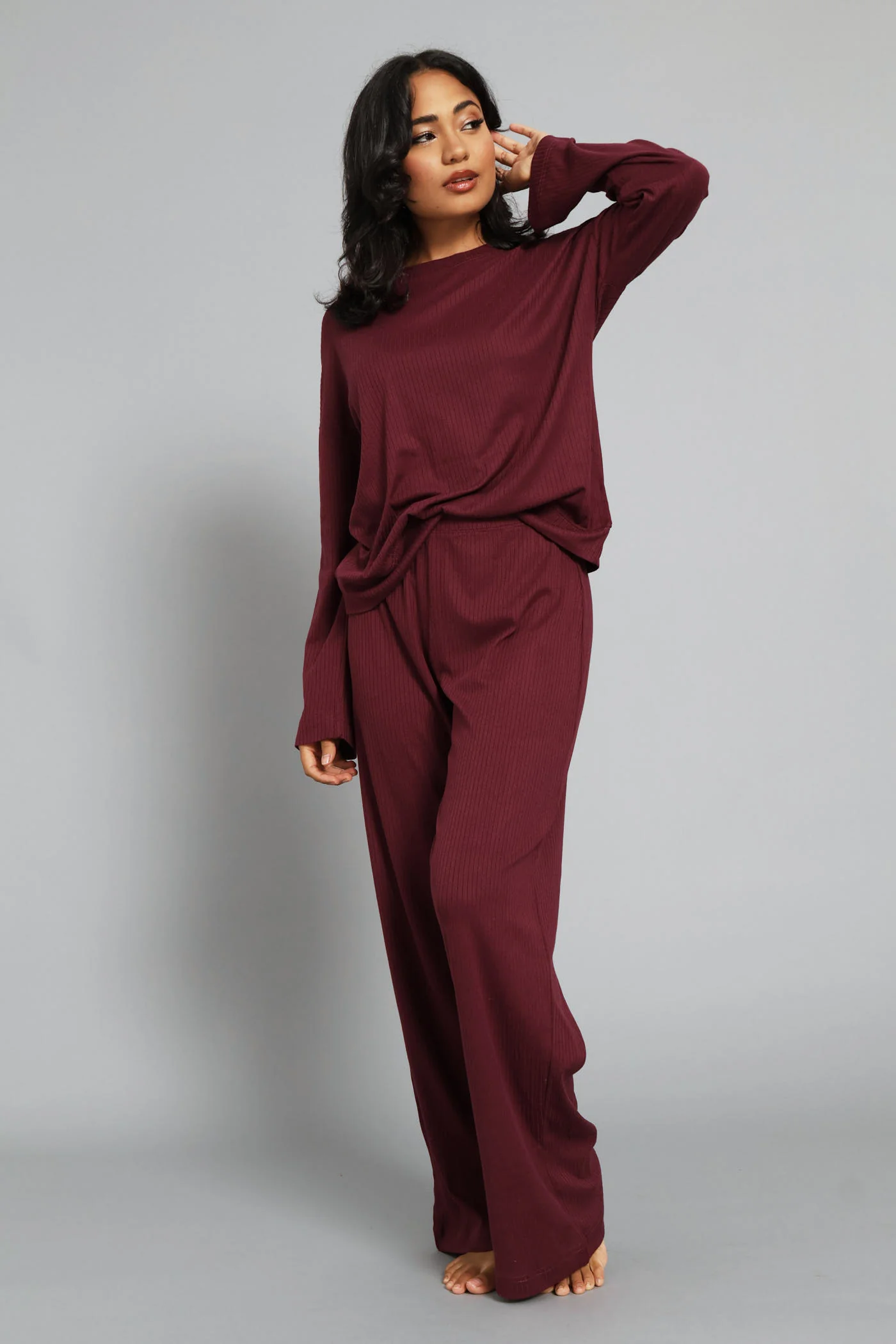 Long Sleve Textured Rib Tee - Burgundy - Image 5