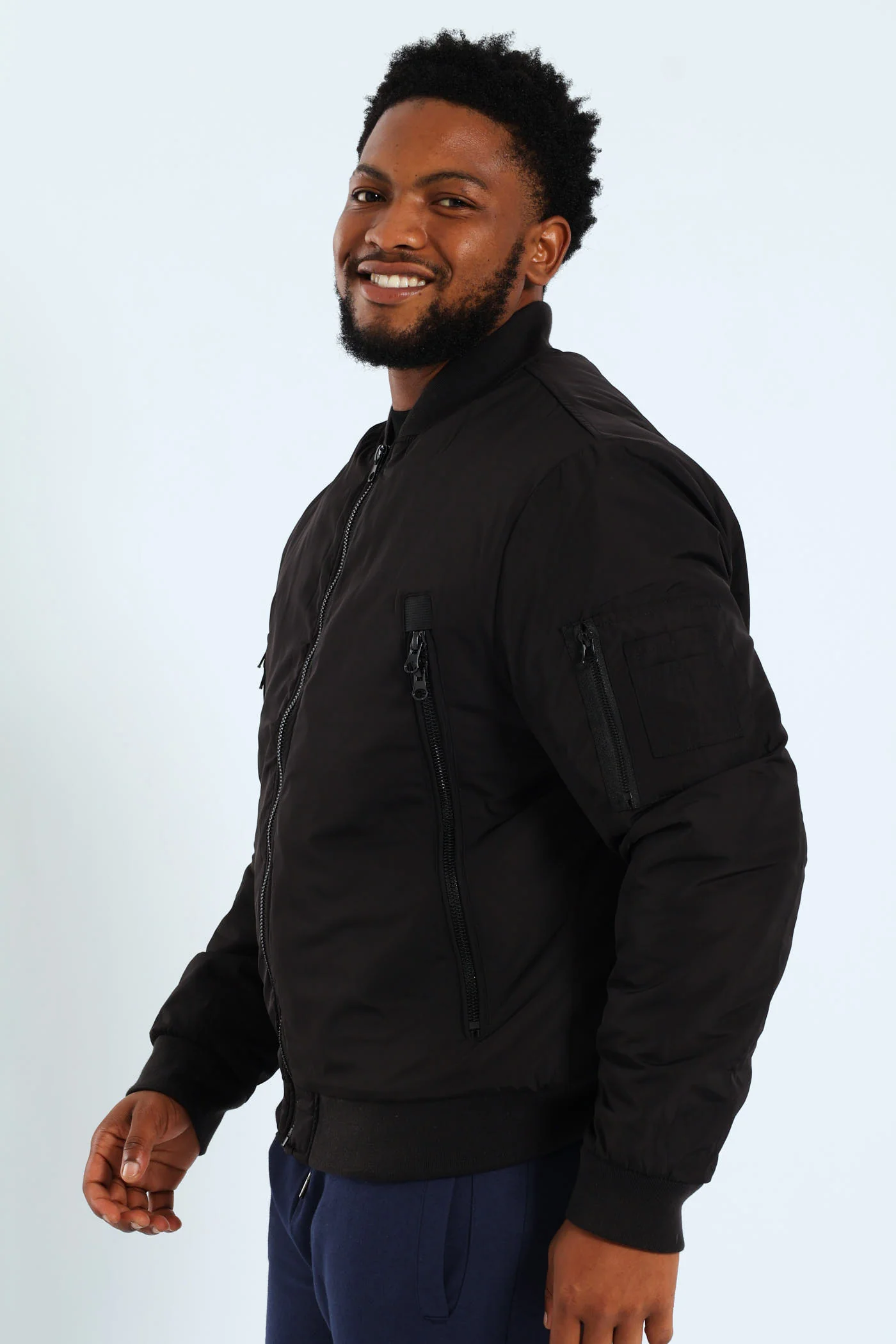 Longer Zip Bomber Jacket - Black - Image 3