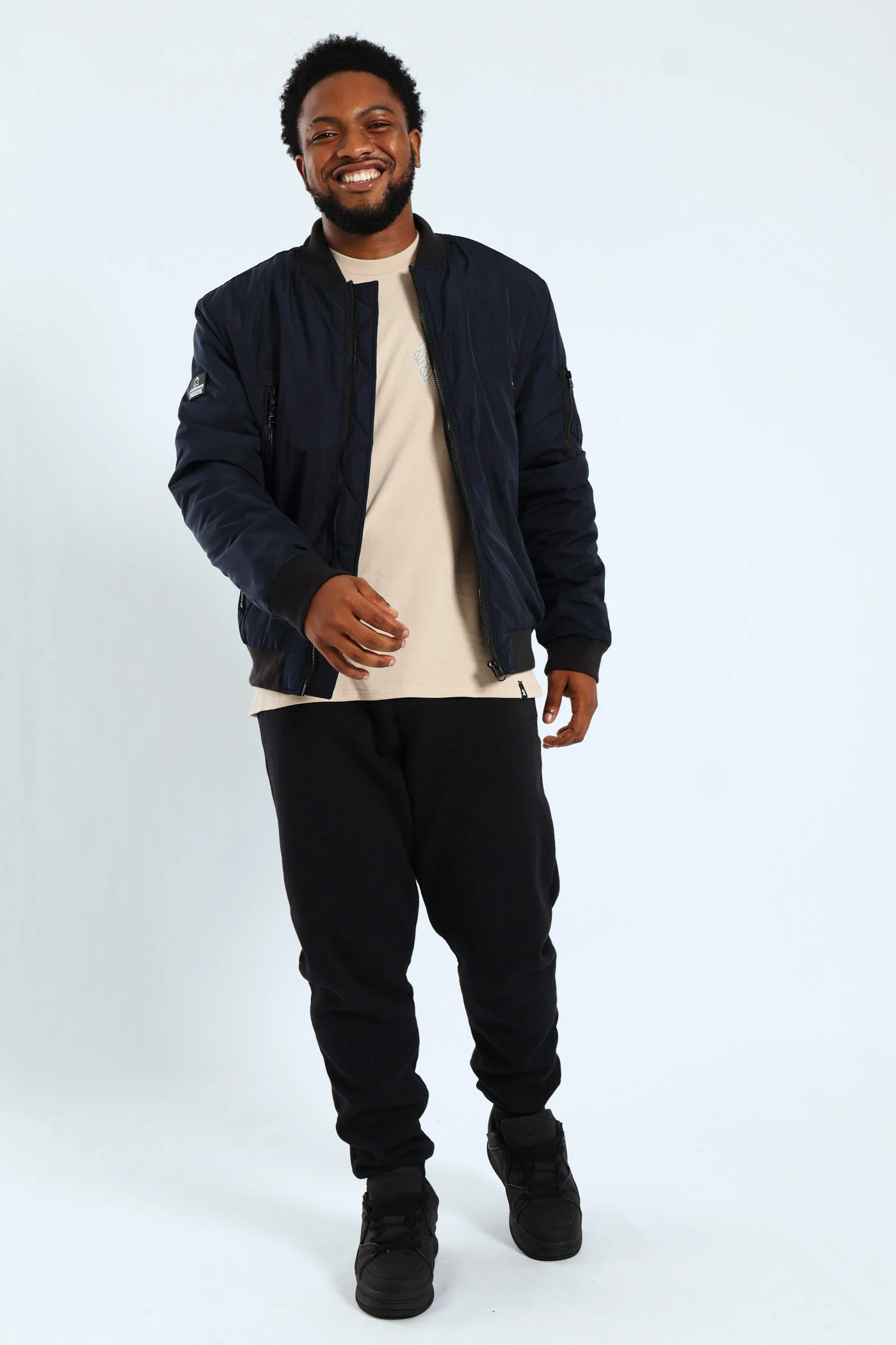 Longer Zip Bomber Jacket - Navy - Image 3