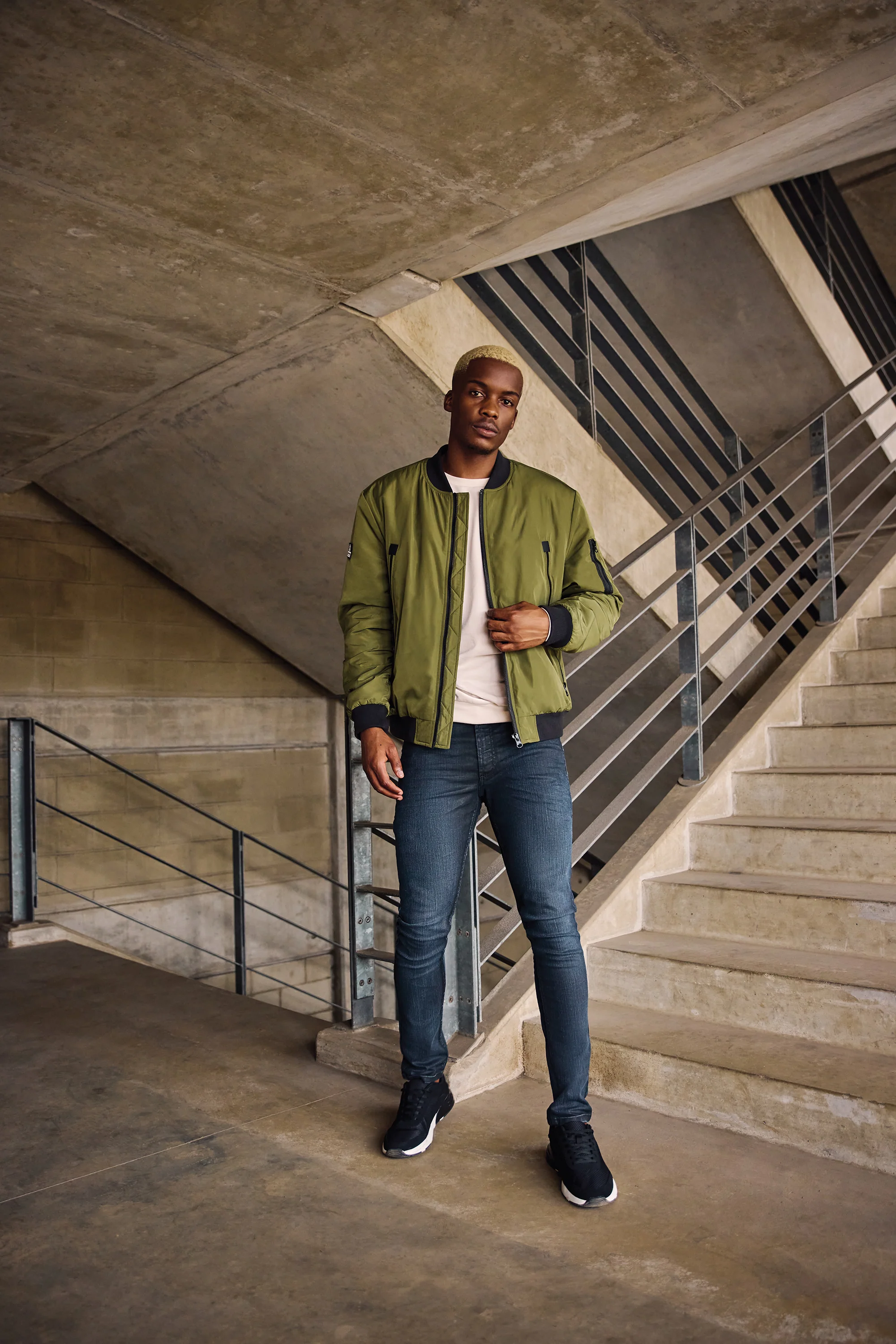 Longer Zip Bomber Jacket - Olive - Image 3