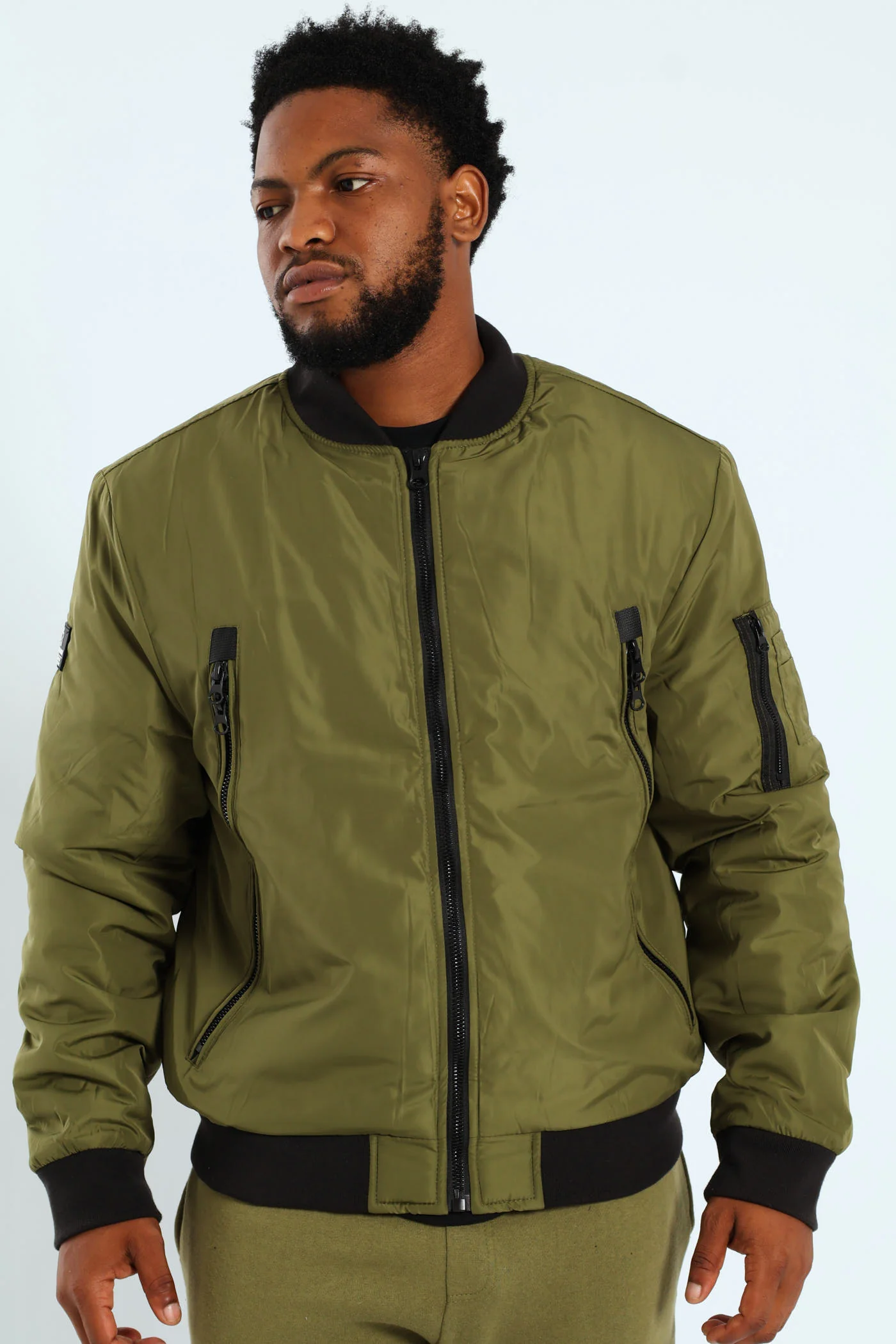 Longer Zip Bomber Jacket - Olive - Image 4