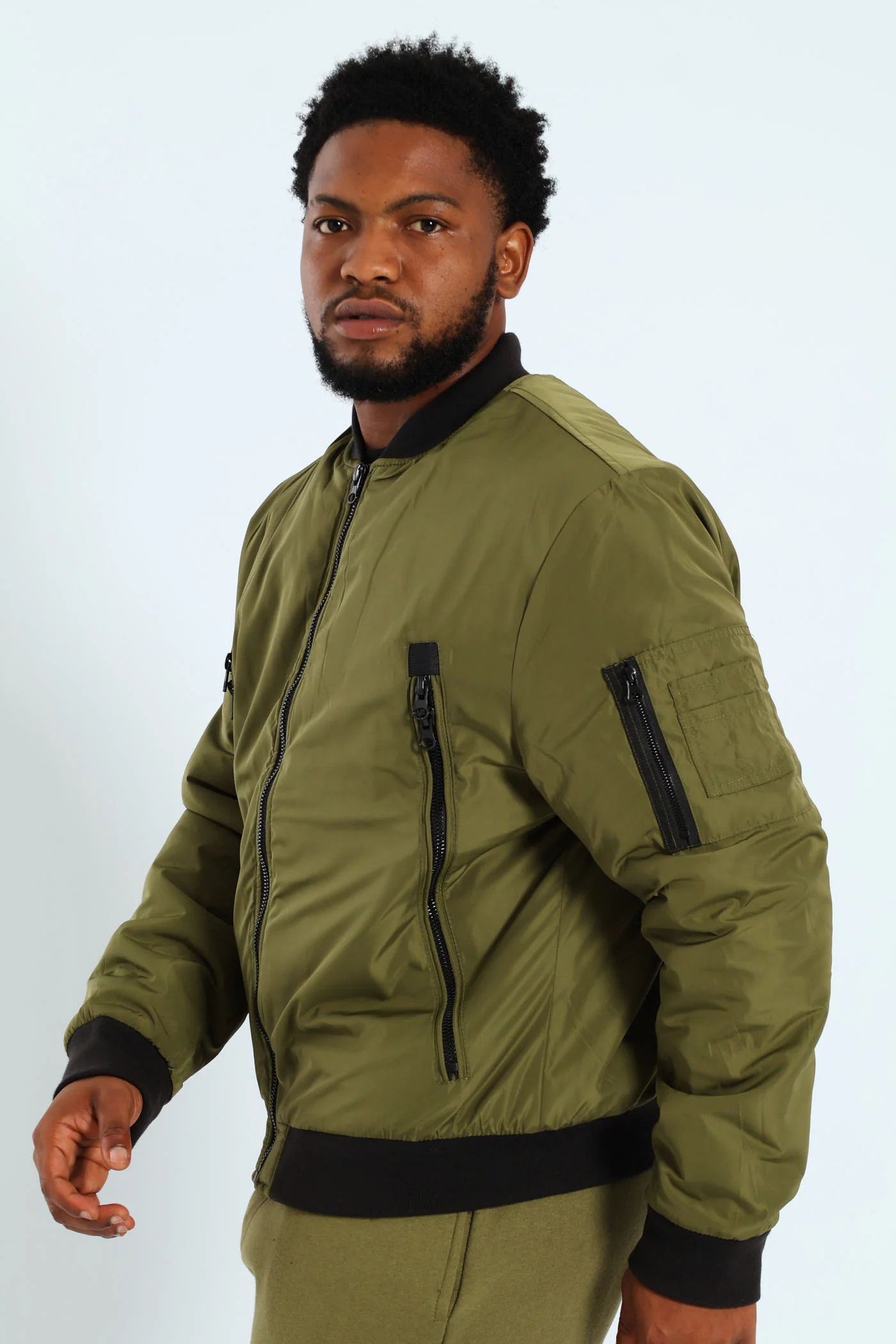Longer Zip Bomber Jacket - Olive - Image 8