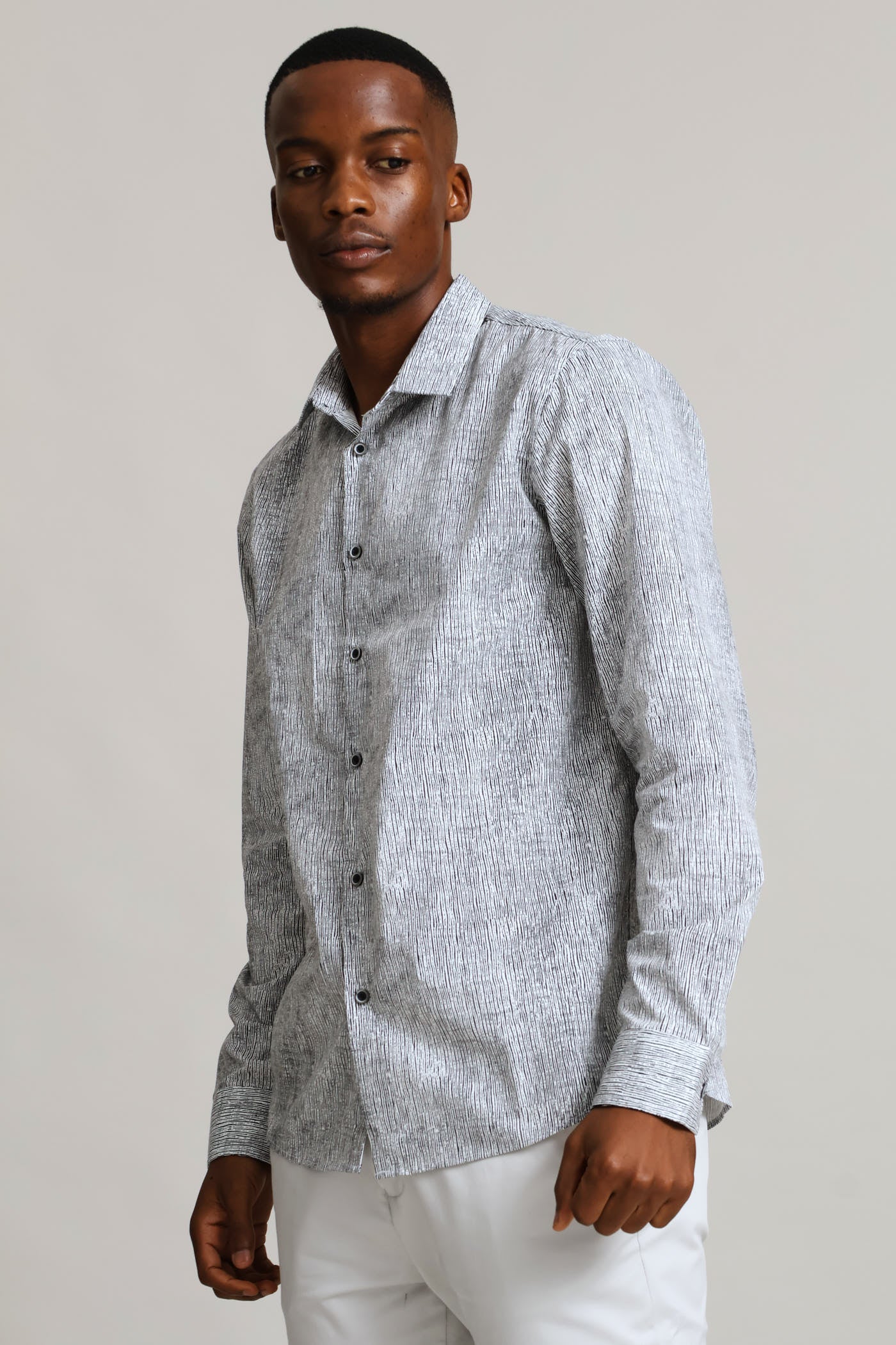 Long Sleeve Abstract Stripes Printed Shirt - Black/White - Image 3