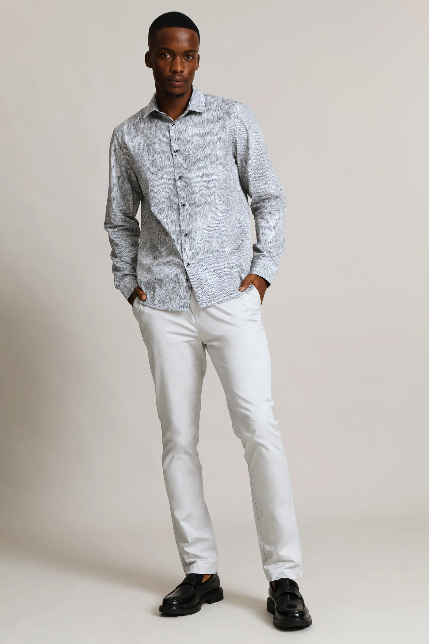 Long Sleeve Abstract Stripes Printed Shirt - Black/White - Image 5