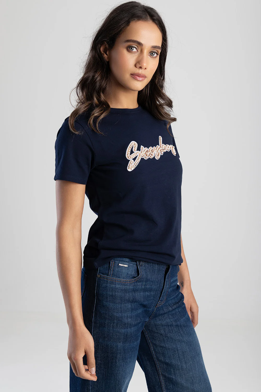 Love & Be Loved Regular Fit Sequin And Pearl Top - Navy - Image 3
