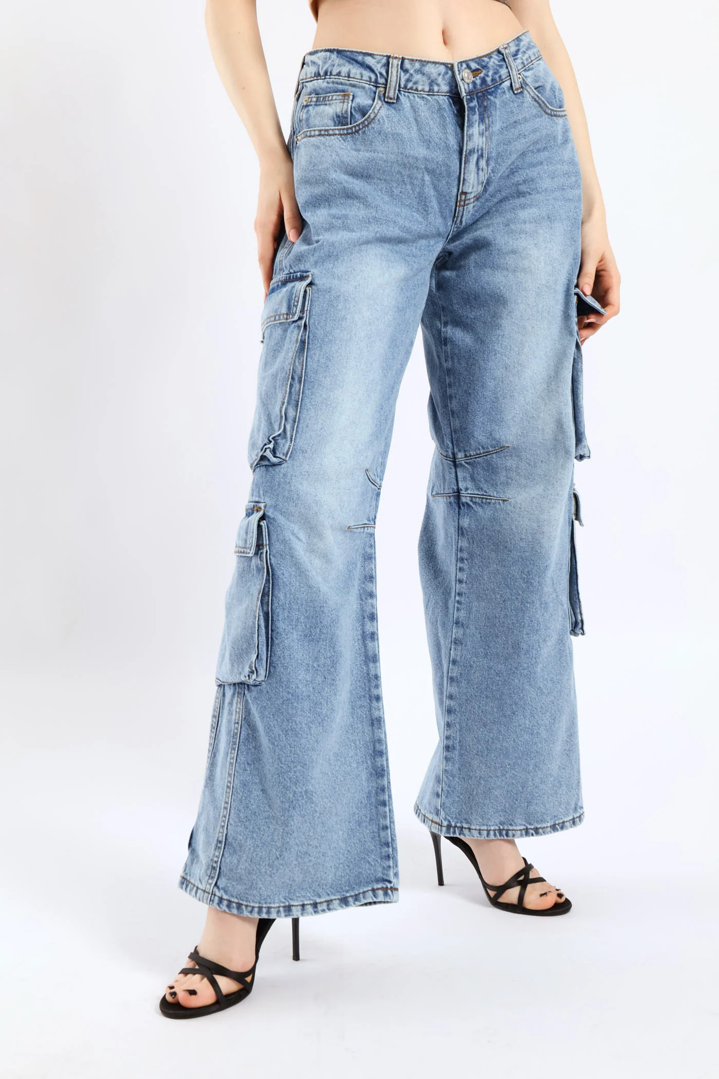 Low Rise Cargo Denim - Mid Blue - Image 3