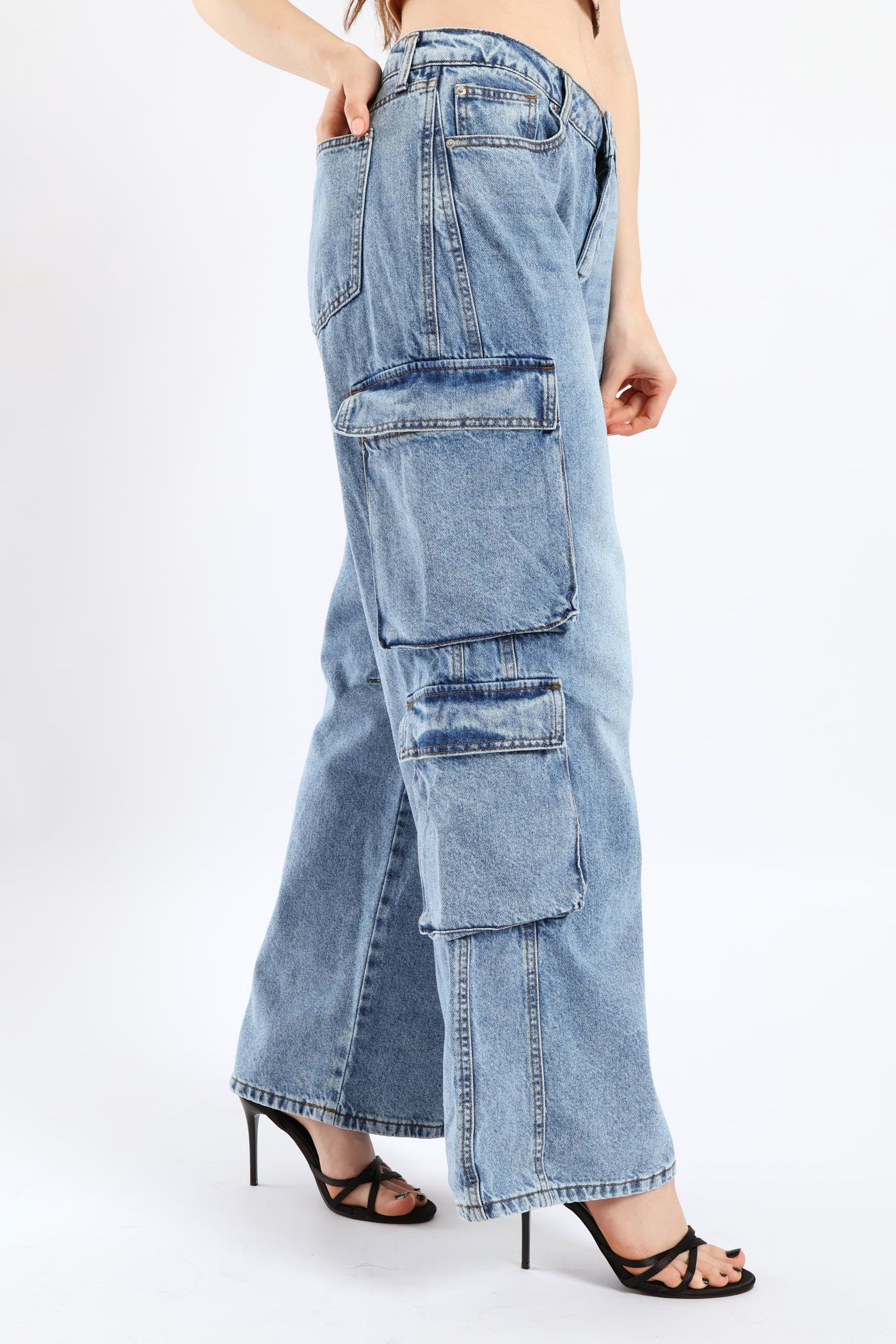 Low Rise Cargo Denim - Mid Blue - Image 4