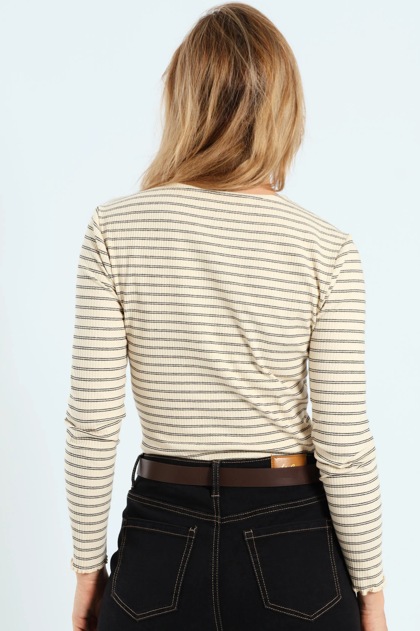 Long Sleeve Stripe Button Through Rib Tee - Cream/Black - Image 3