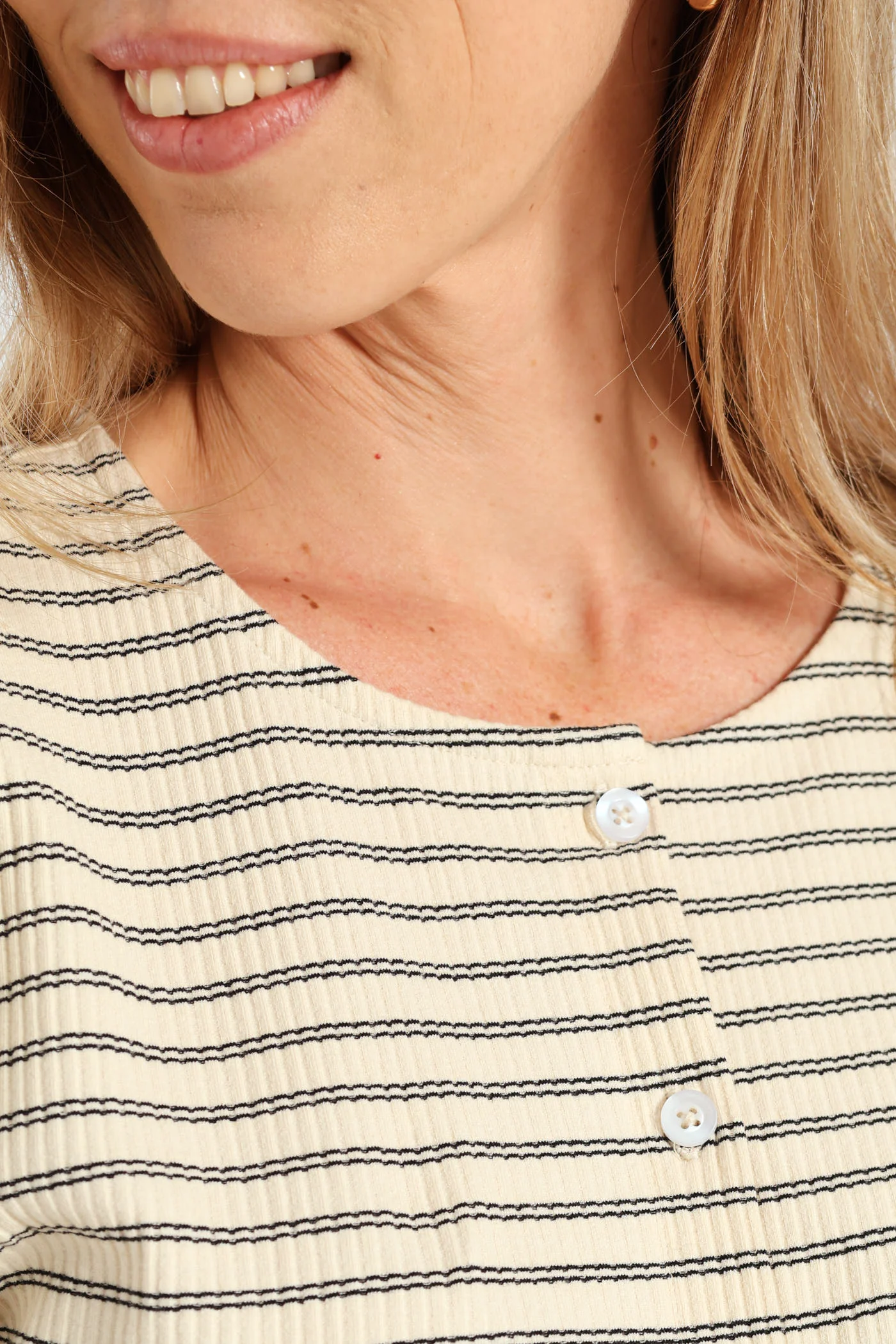 Long Sleeve Stripe Button Through Rib Tee - Cream/Black - Image 4