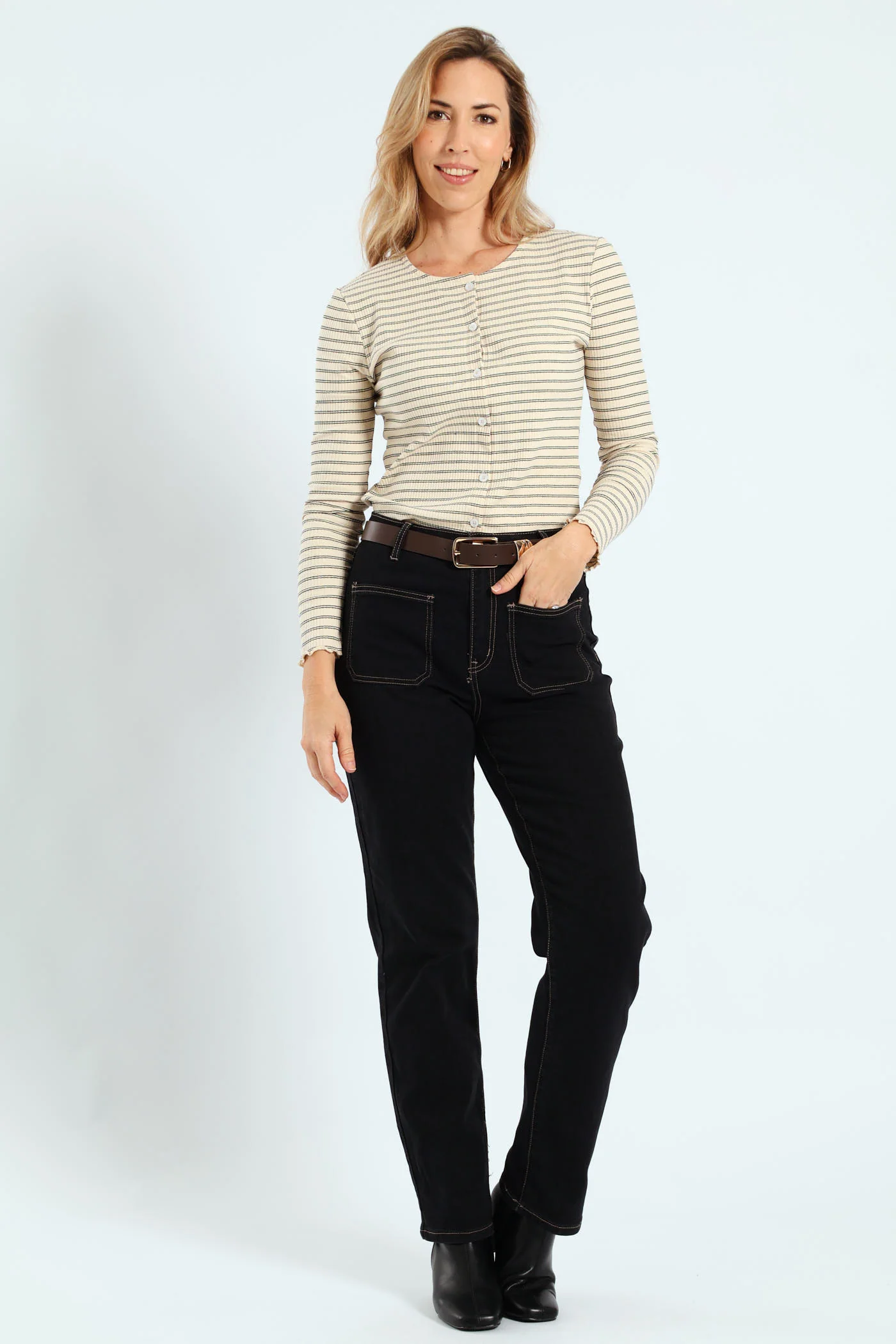 Long Sleeve Stripe Button Through Rib Tee - Cream/Black - Image 6