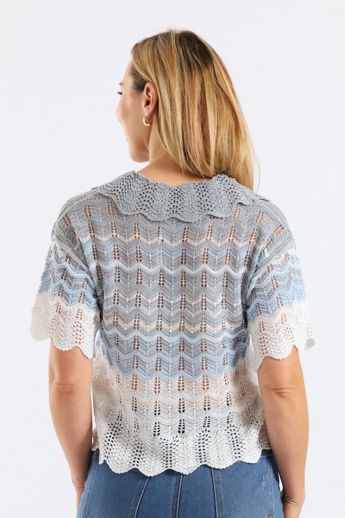Lurex Collared Ombre Knitwear Top - Beige/Blue - Image 2