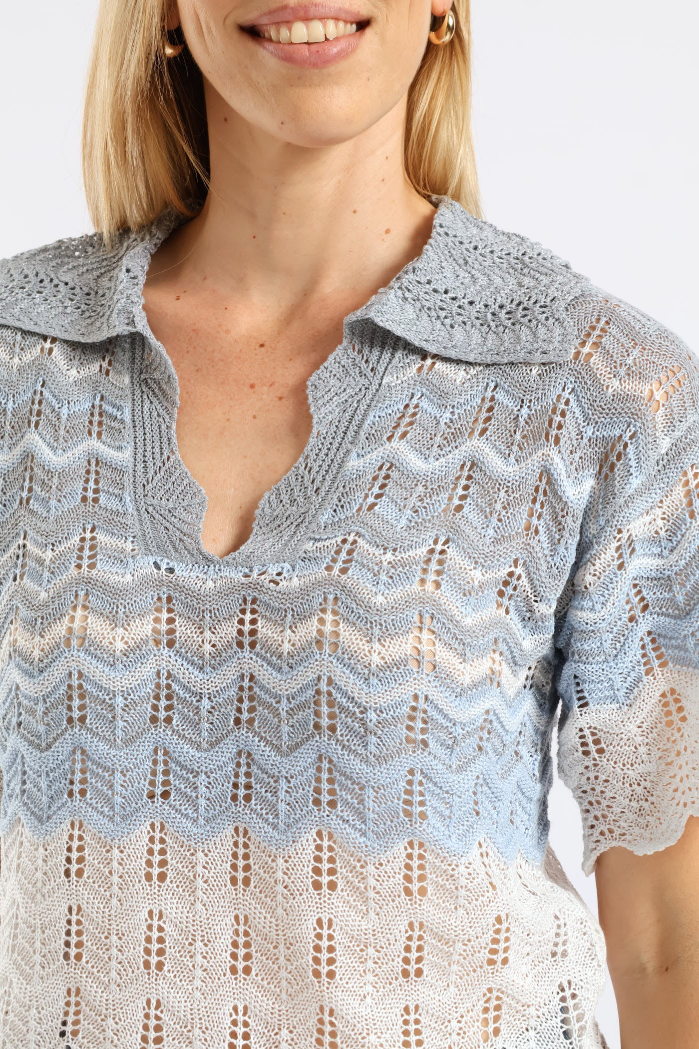 Lurex Collared Ombre Knitwear Top - Beige/Blue - Image 3