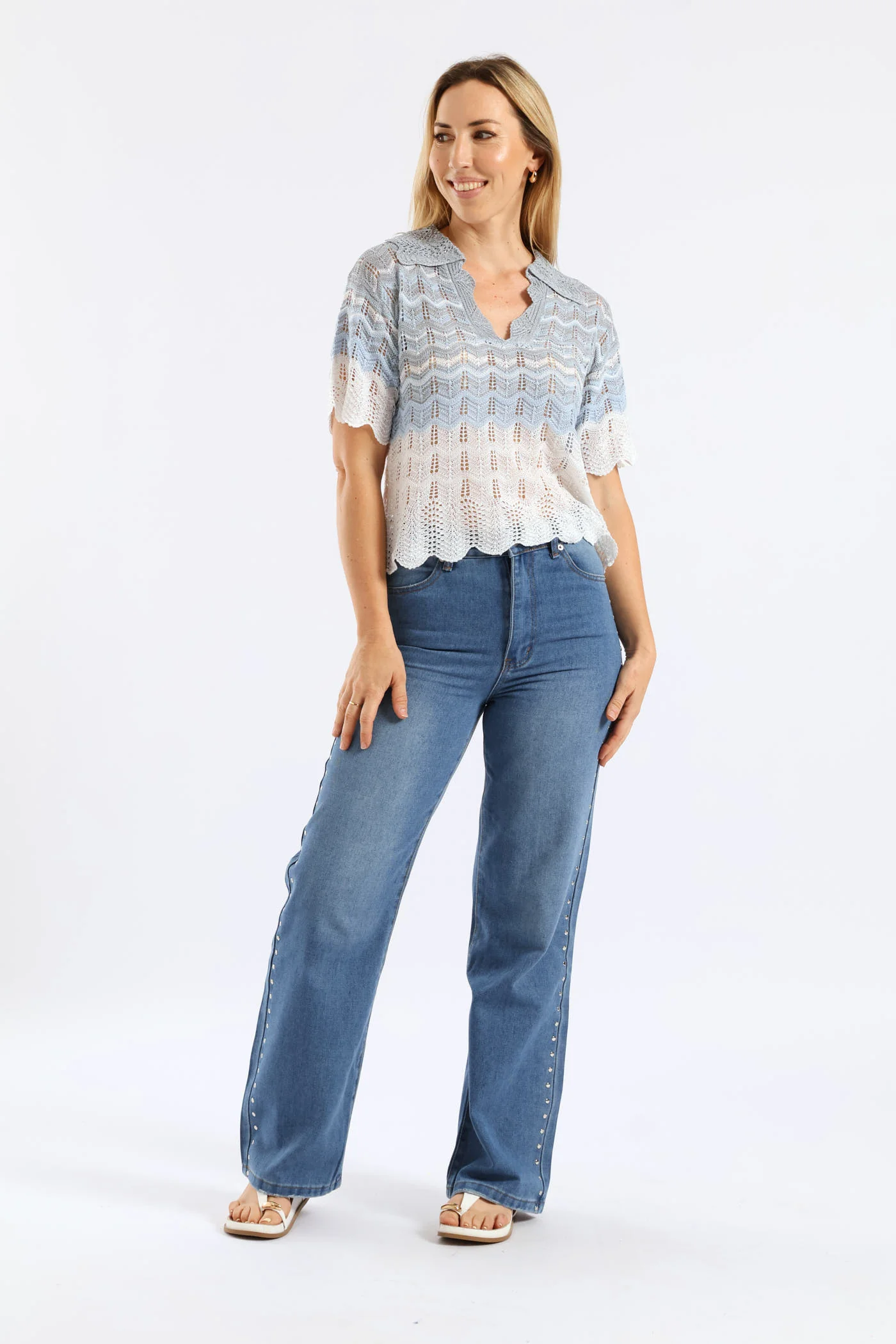 Lurex Collared Ombre Knitwear Top - Beige/Blue - Image 4