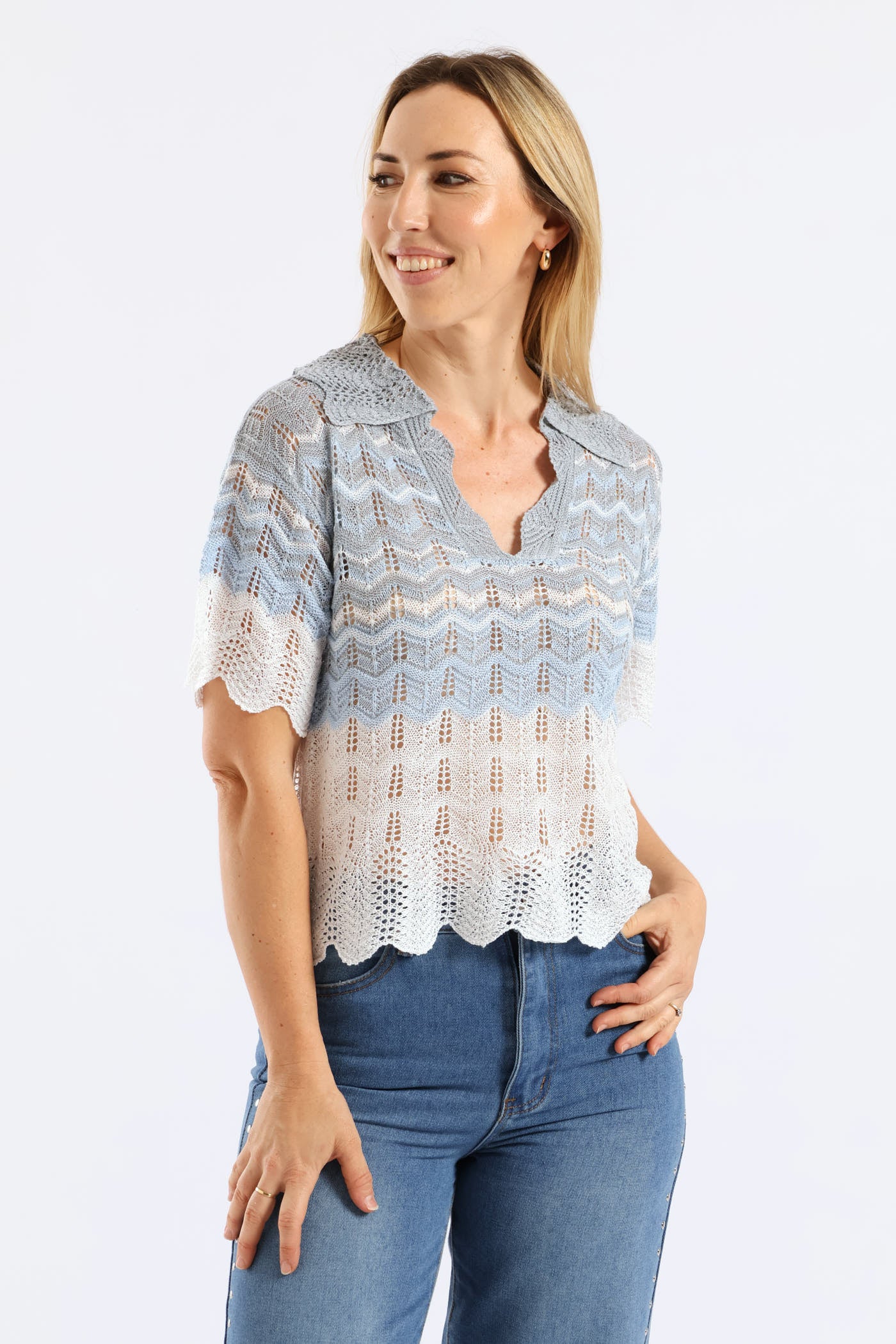 Lurex Collared Ombre Knitwear Top - Beige/Blue - Image 5