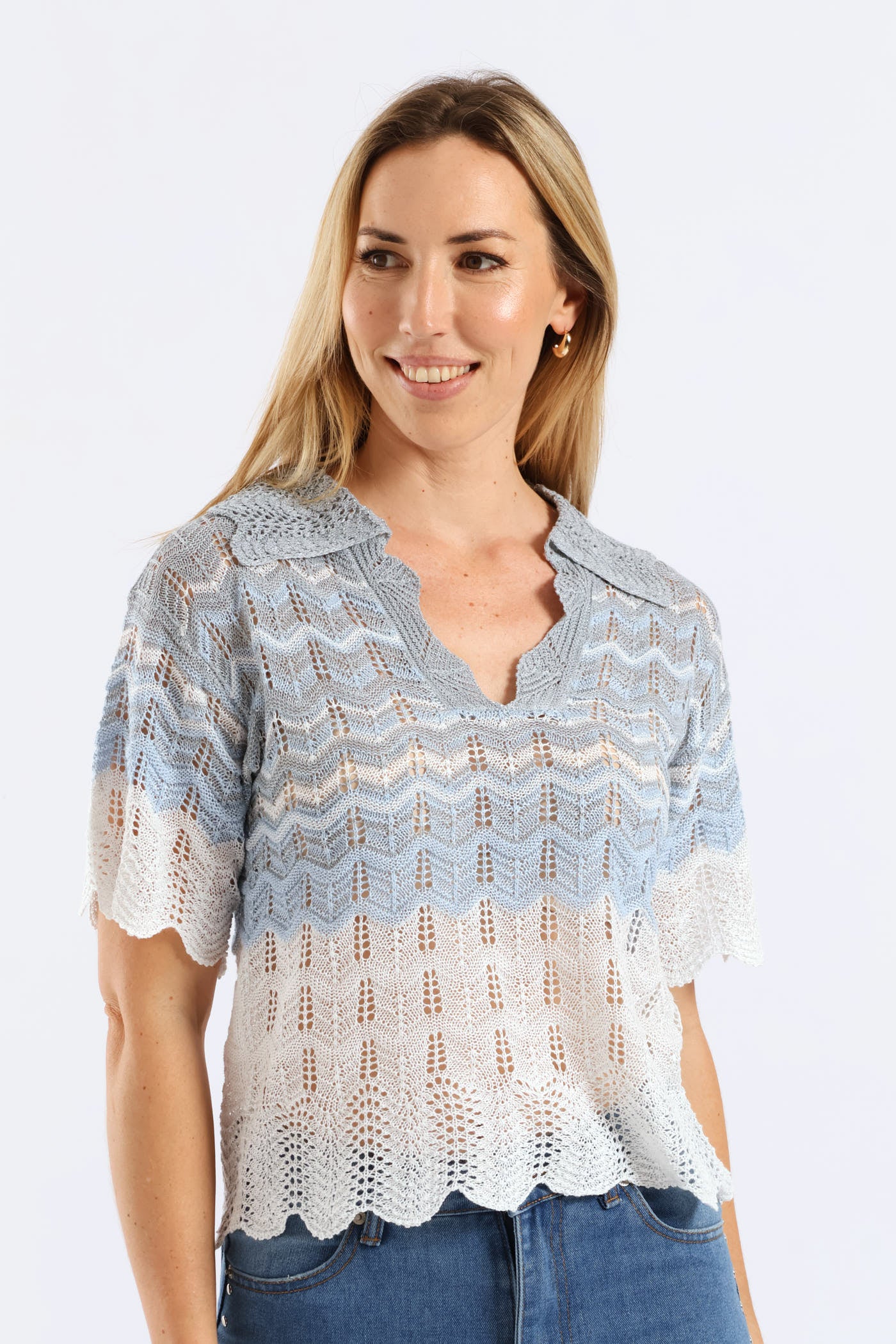 Lurex Collared Ombre Knitwear Top - Beige/Blue - Image 6