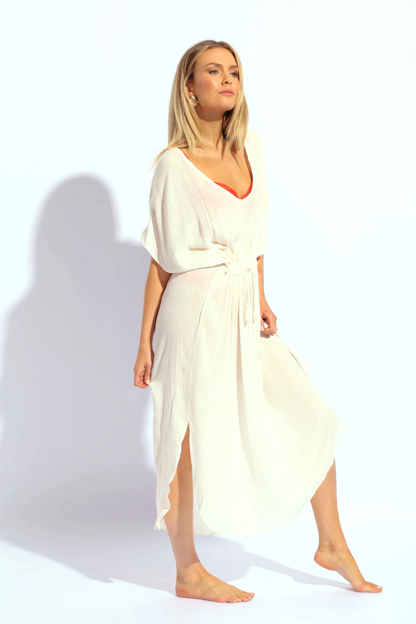 Lurex Drawstring Kaftan  - Cream - Image 3