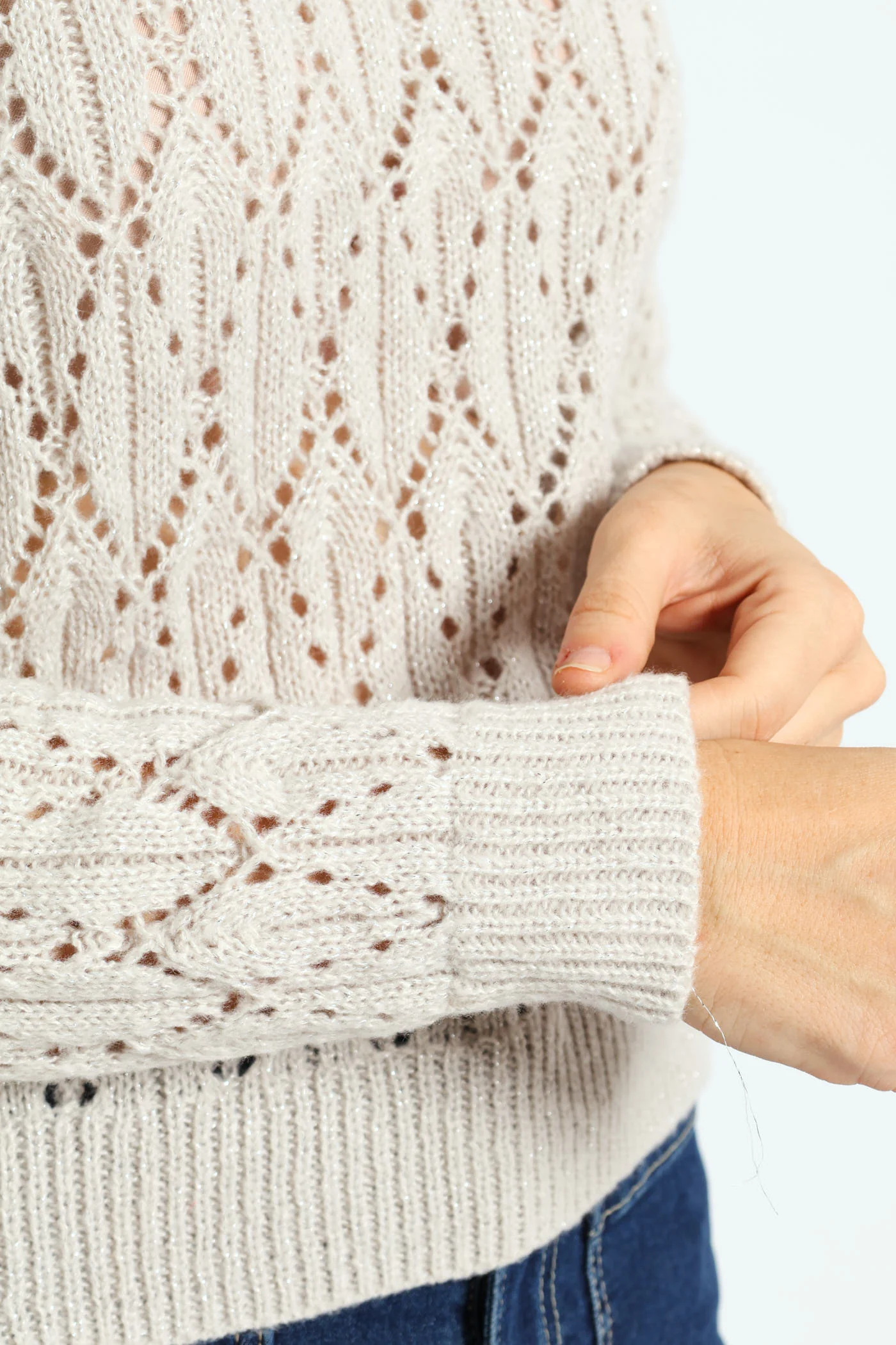 Lurex Pointelle Pullover - Grey Melange - Image 4