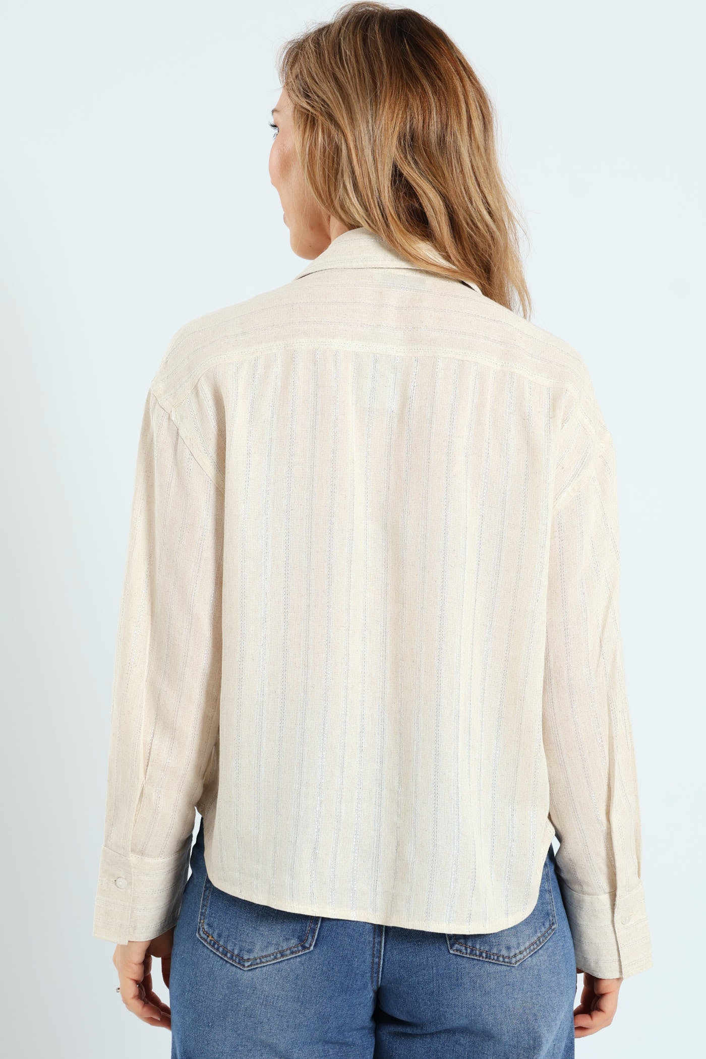Lurex Stripe Boxy Linen Shirt - White/Beige - Image 3