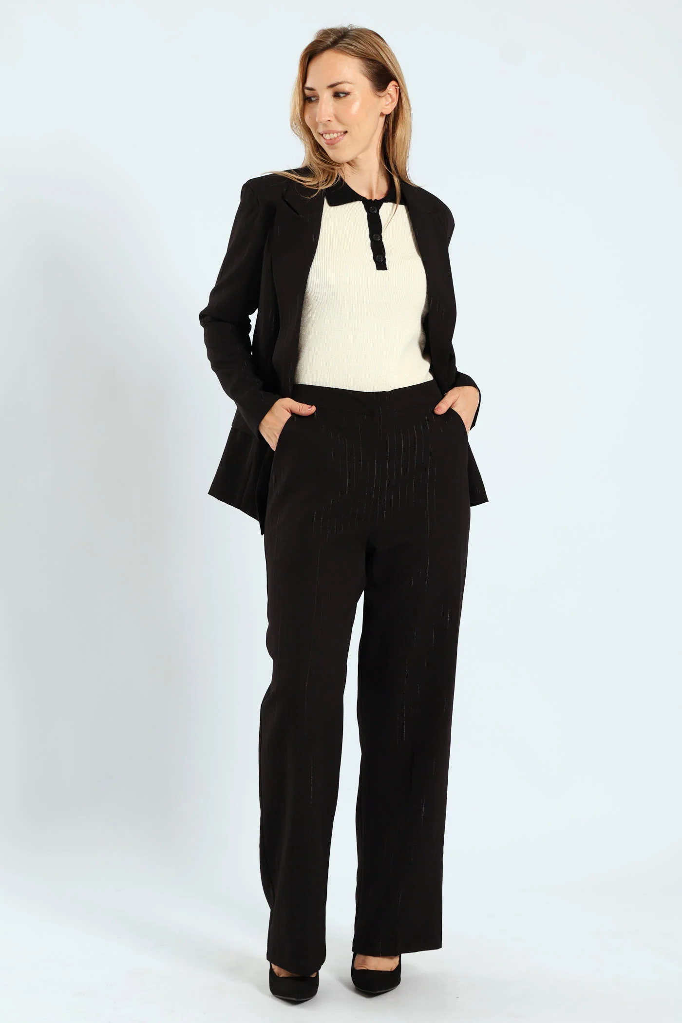 Lurex Stripe Straight Leg Pants - Black - Image 5