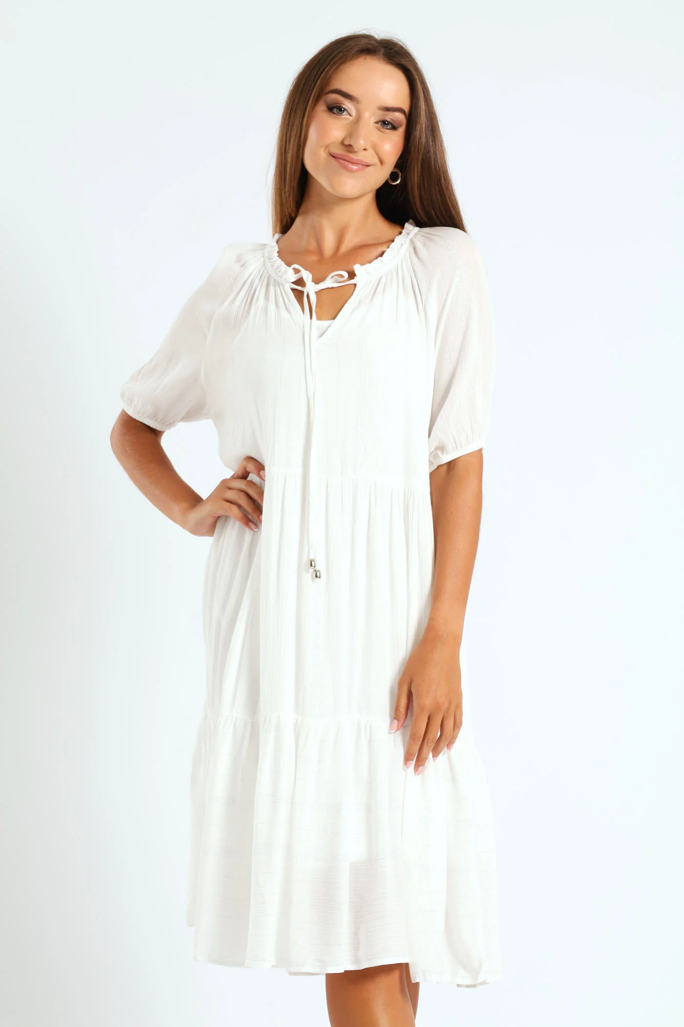 Lurex Stripe Tiered Dobby Mini Dress - Bright White - Image 3