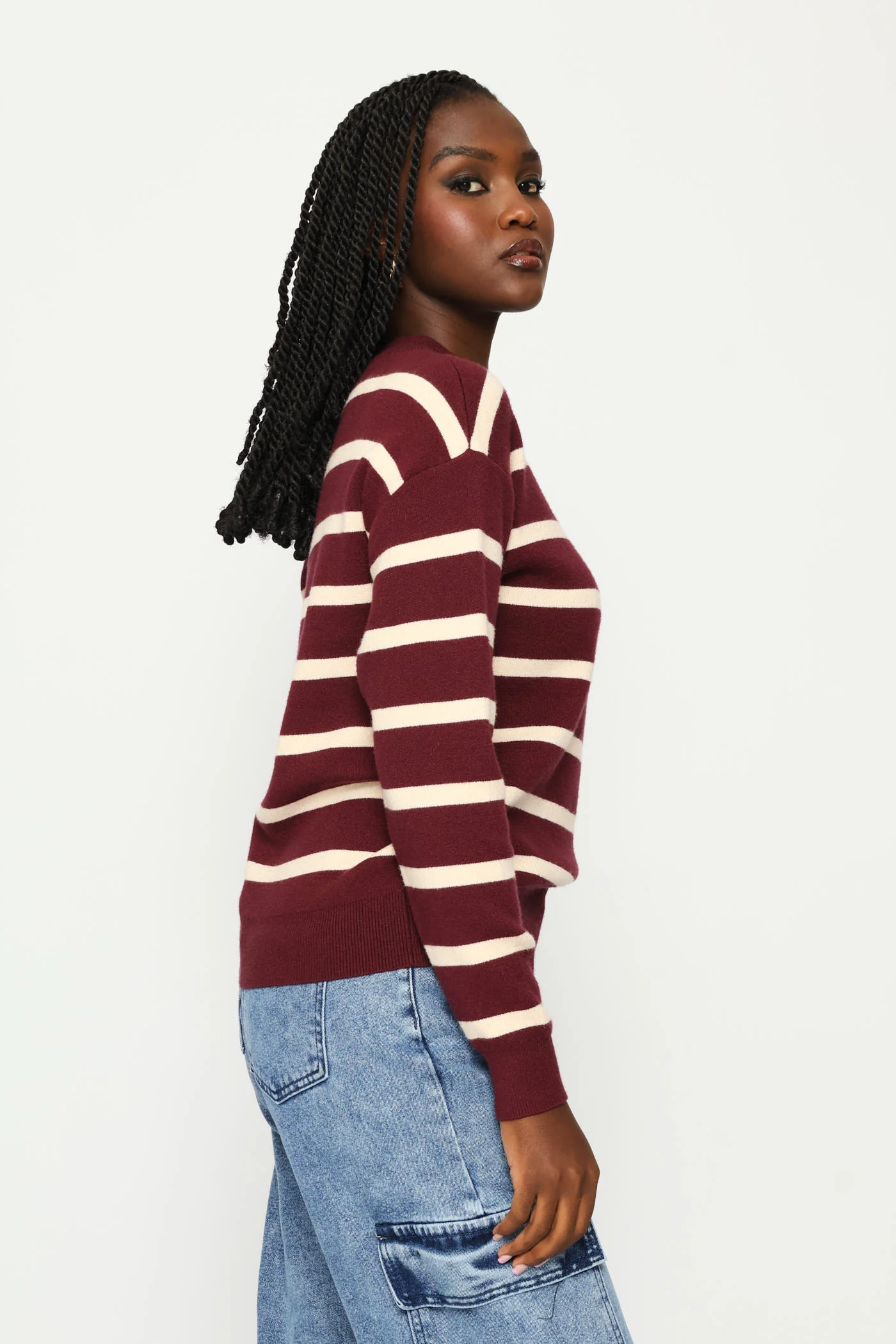 Luxe Academia Stripe Turle Pullover - Cream/Port - Image 3