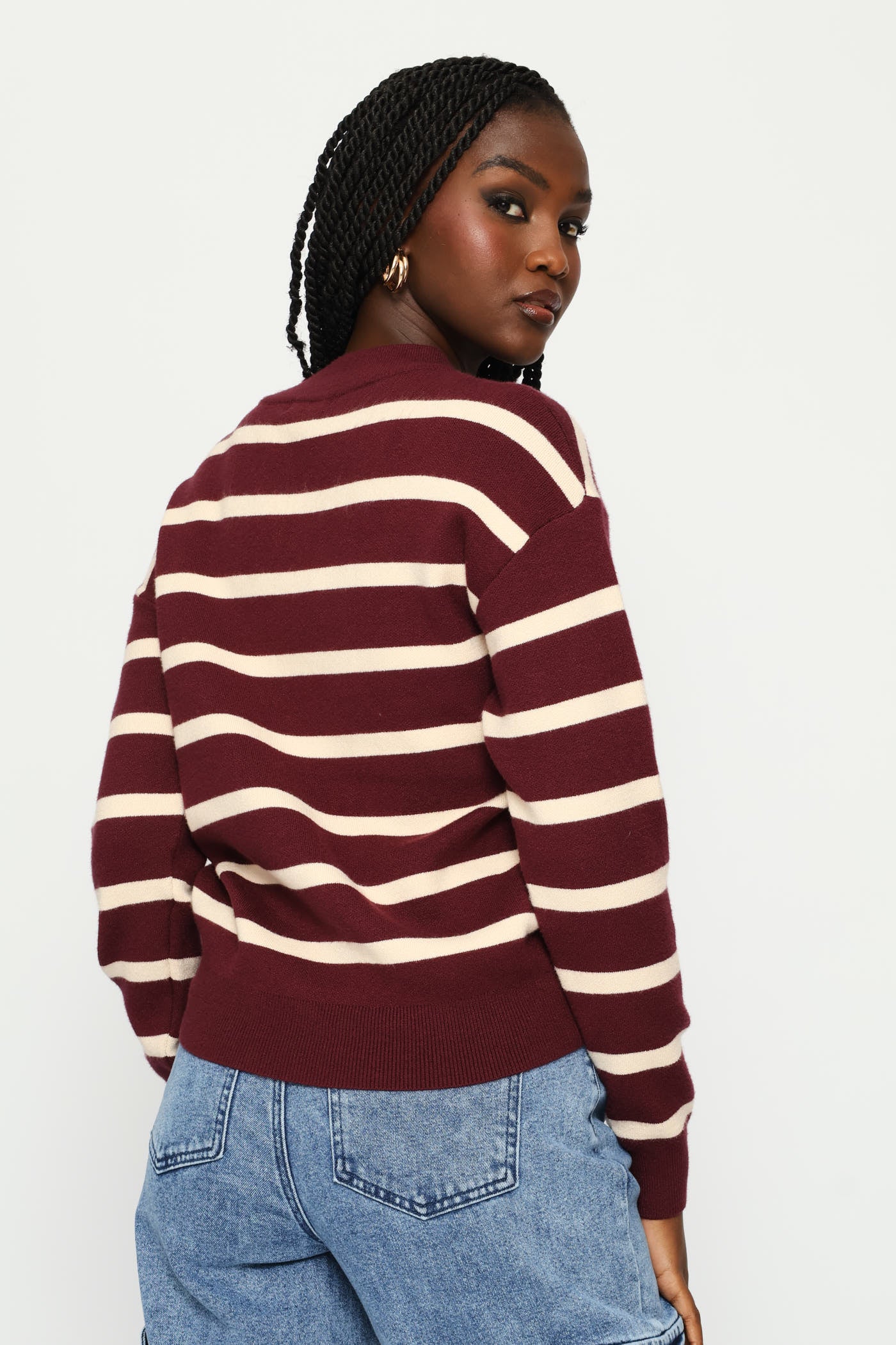 Luxe Academia Stripe Turle Pullover - Cream/Port - Image 4