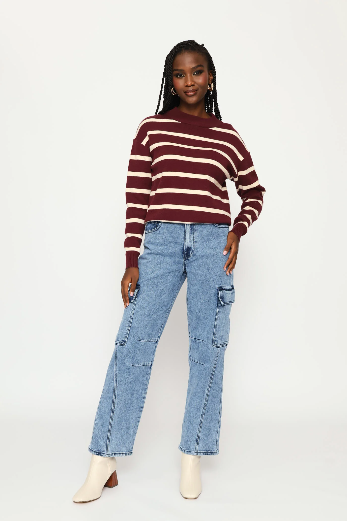 Luxe Academia Stripe Turle Pullover - Cream/Port - Image 5