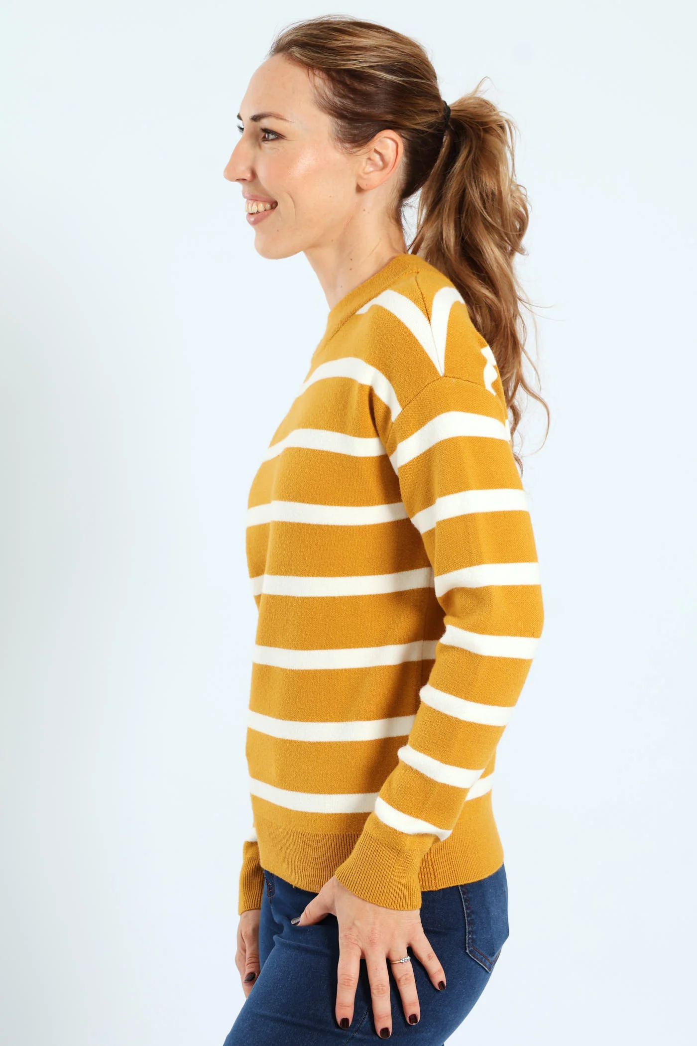 Luxe Academia Stripe Turtle Pullover - Mustard/Cream - Image 2