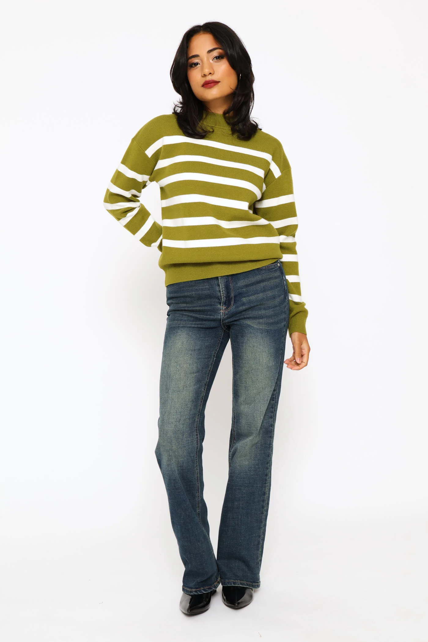Luxe Academia Stripe Turtleneck Pullover - Fatigue/Cream - Image 2