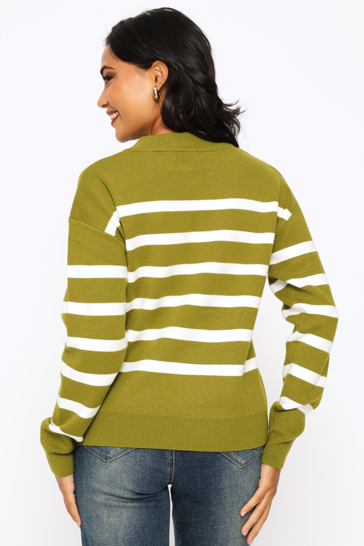 Luxe Academia Stripe Turtleneck Pullover - Fatigue/Cream - Image 5