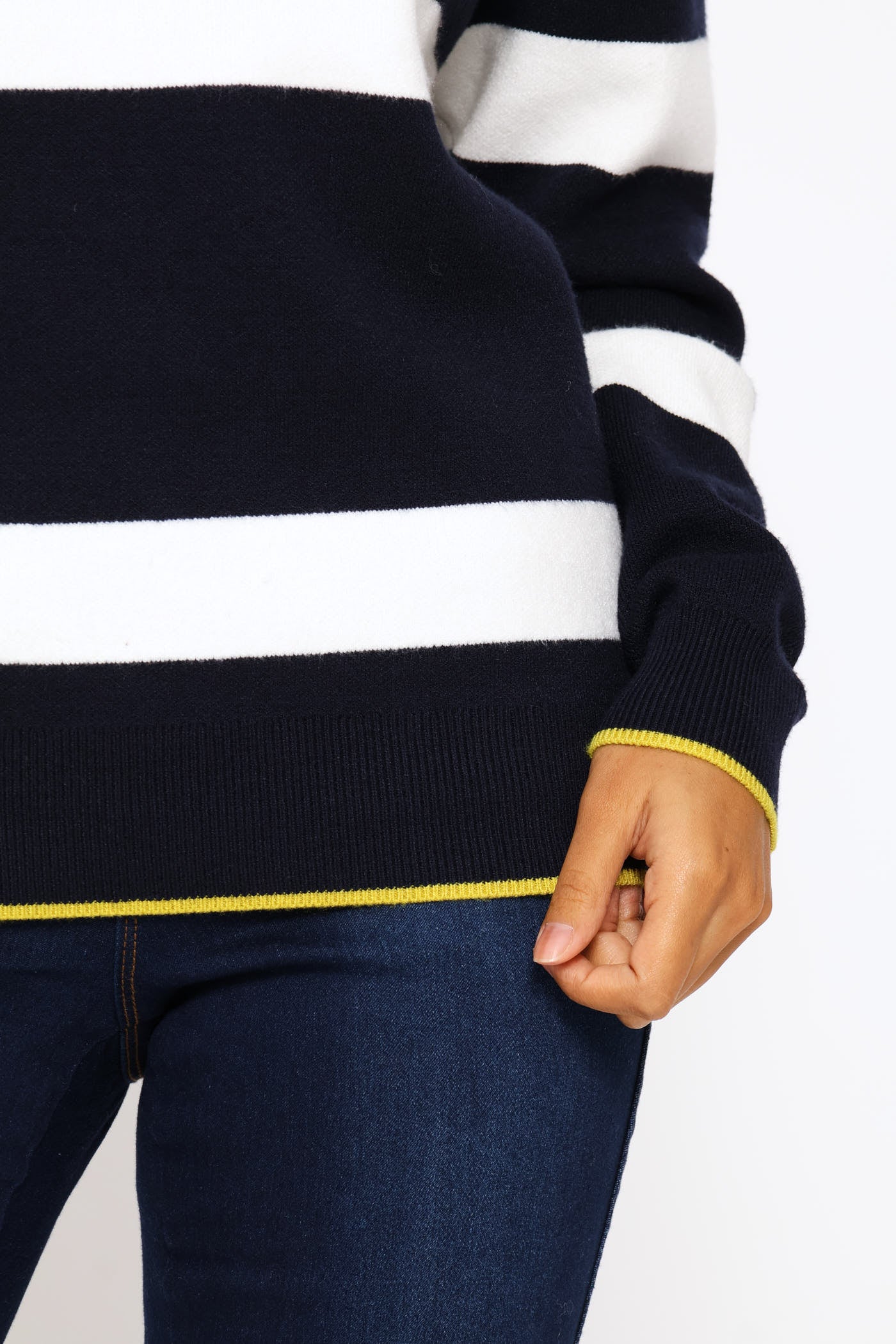 Luxe Academia Stripe Turtleneck Pullover - Navy/White - Image 2