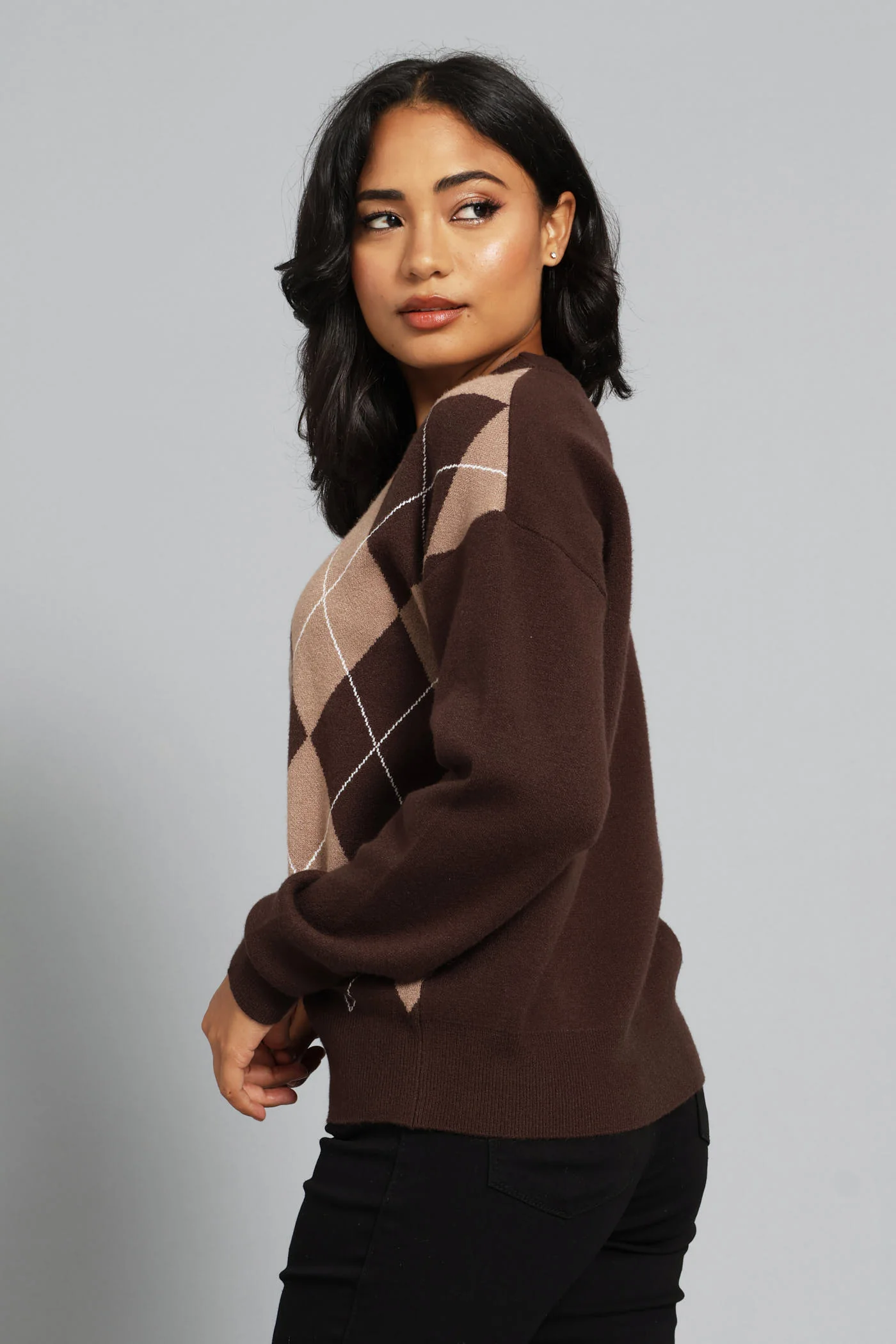 Luxe Argyle Pullover - Brown/Taupe - Image 3