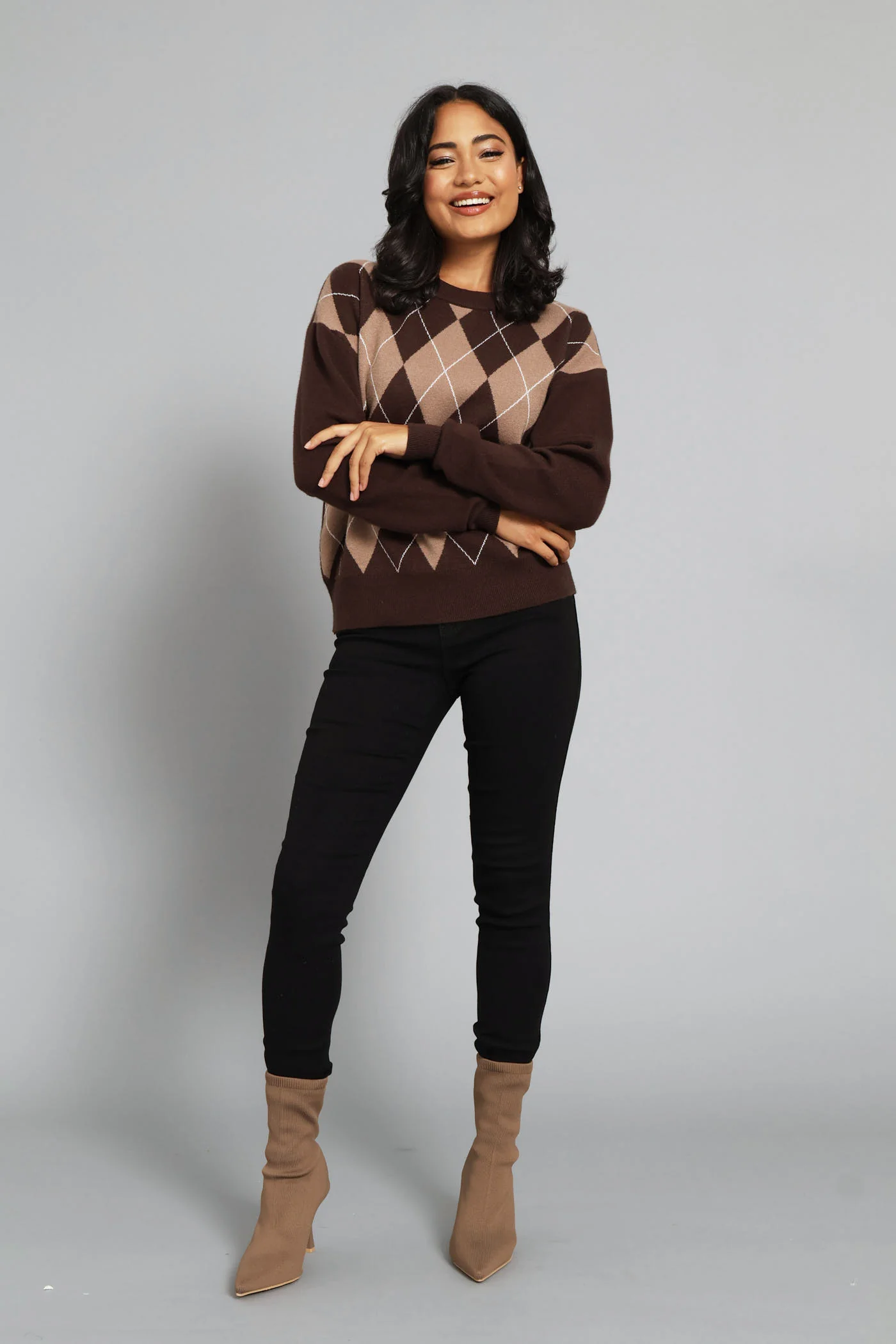 Luxe Argyle Pullover - Brown/Taupe - Image 4