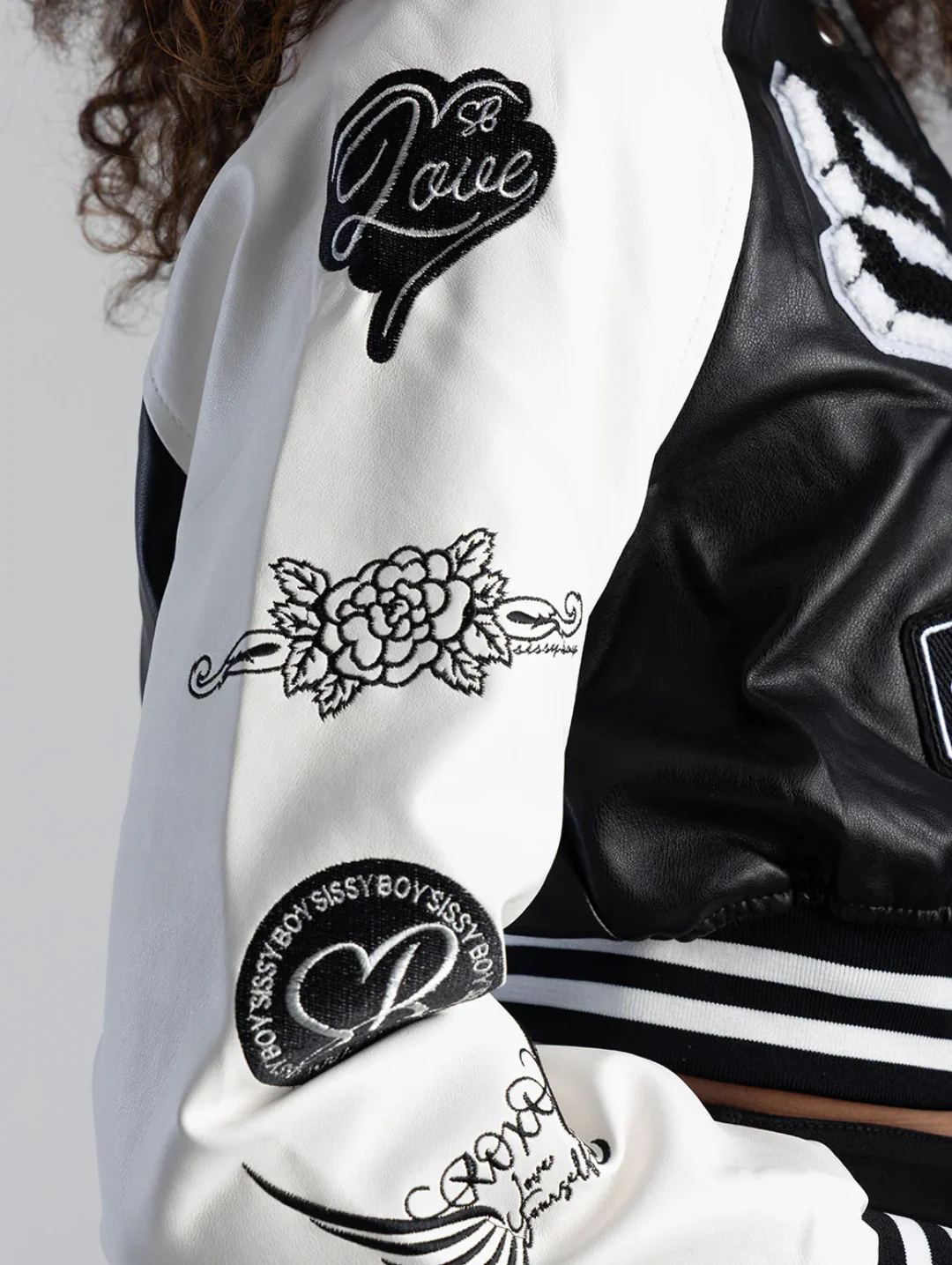Made The Cut Faux Leather Logo Bomber Jacket - Black/White - Image 2