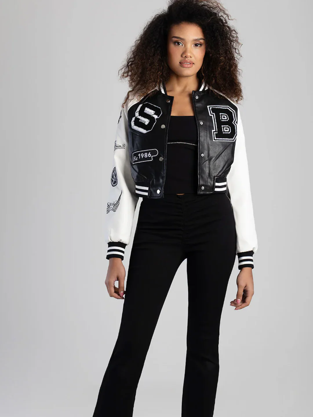Made The Cut Faux Leather Logo Bomber Jacket - Black/White - Image 3