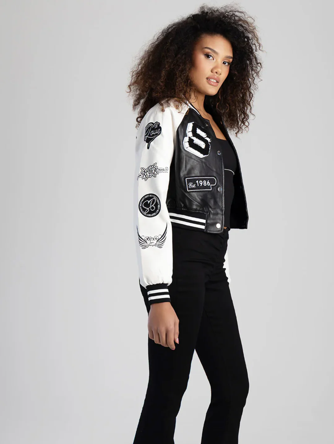 Made The Cut Faux Leather Logo Bomber Jacket - Black/White - Image 6