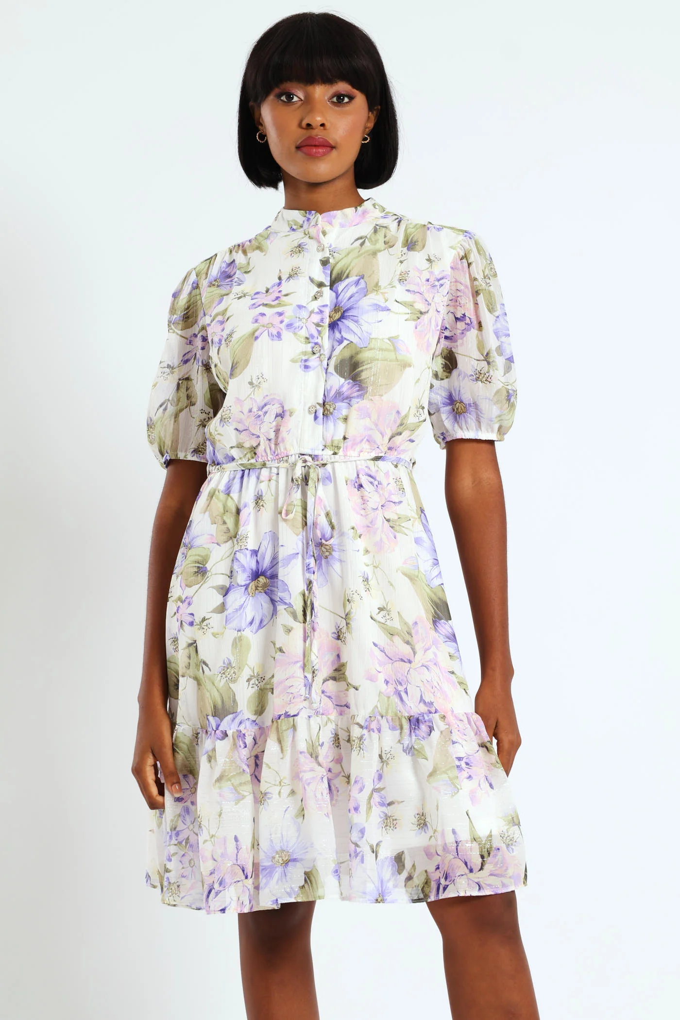 Mandarin Collar 3/4 Sleeve Floral Tea Dress - Lilac - Image 2