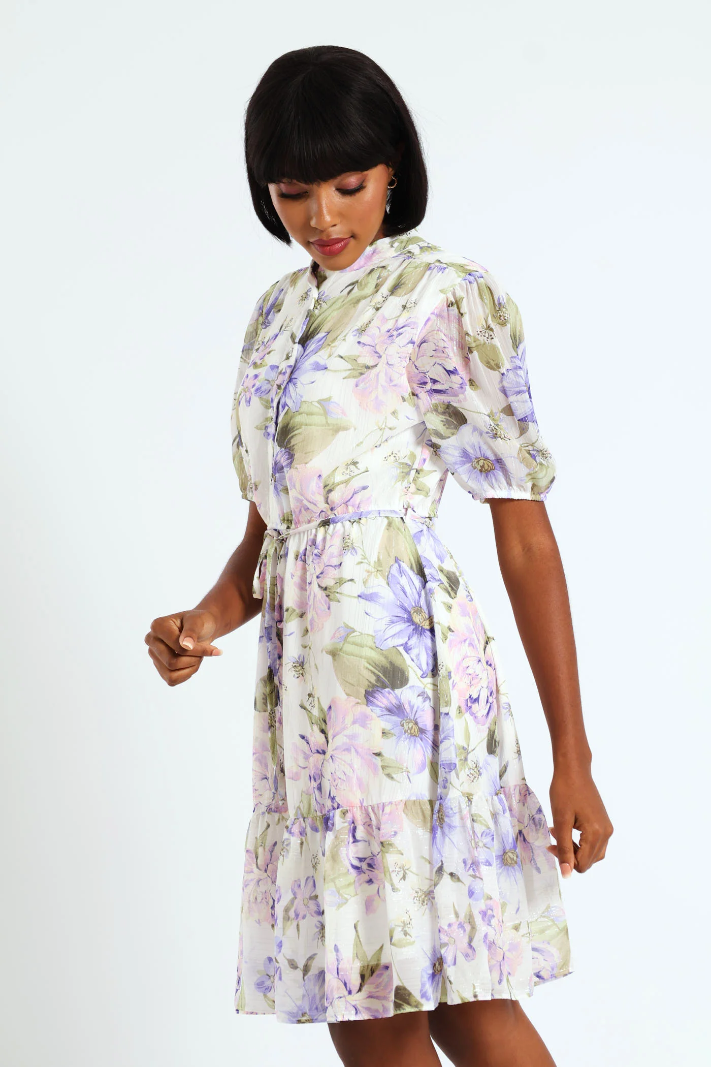 Mandarin Collar 3/4 Sleeve Floral Tea Dress - Lilac - Image 3