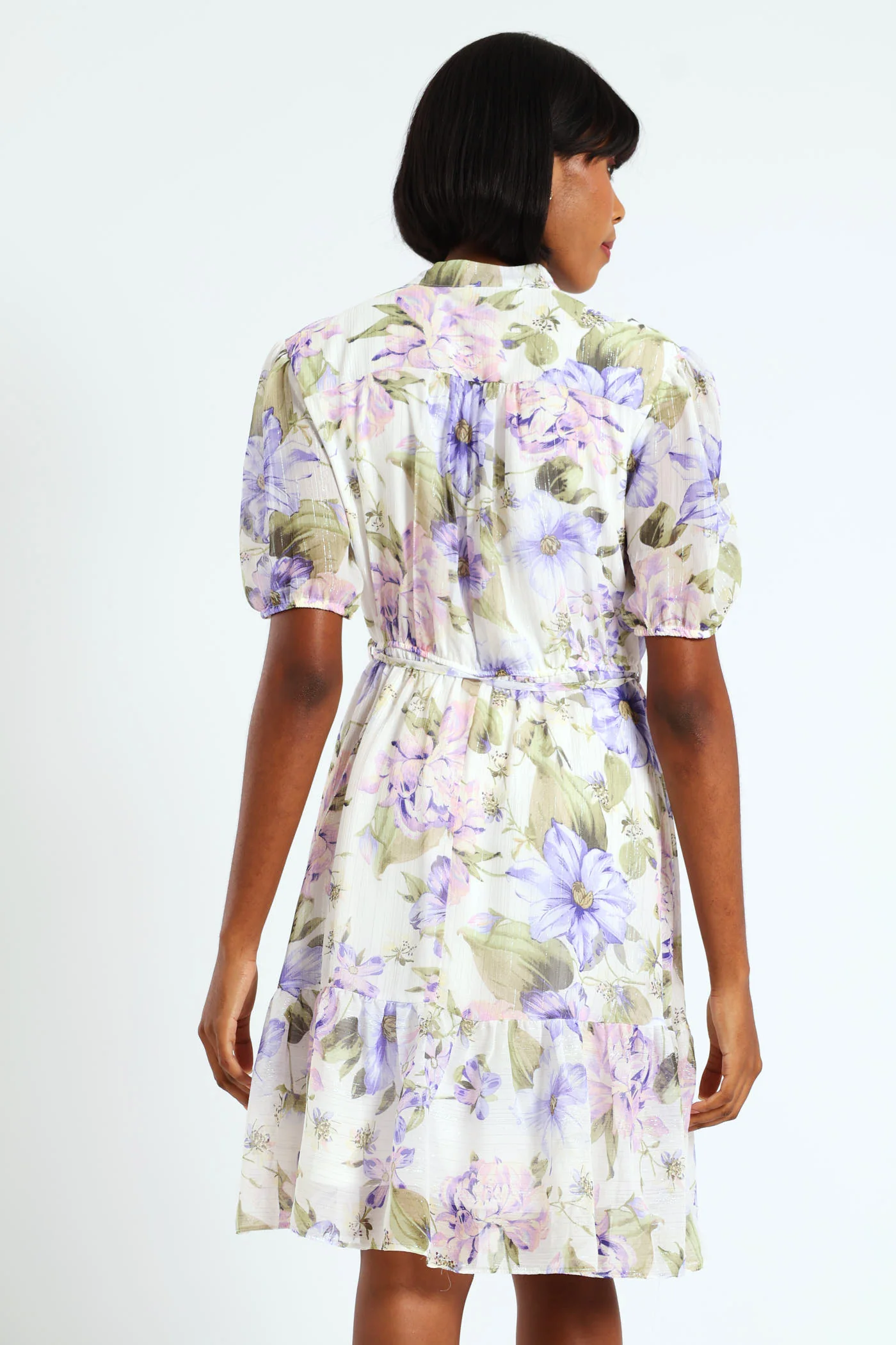 Mandarin Collar 3/4 Sleeve Floral Tea Dress - Lilac - Image 4