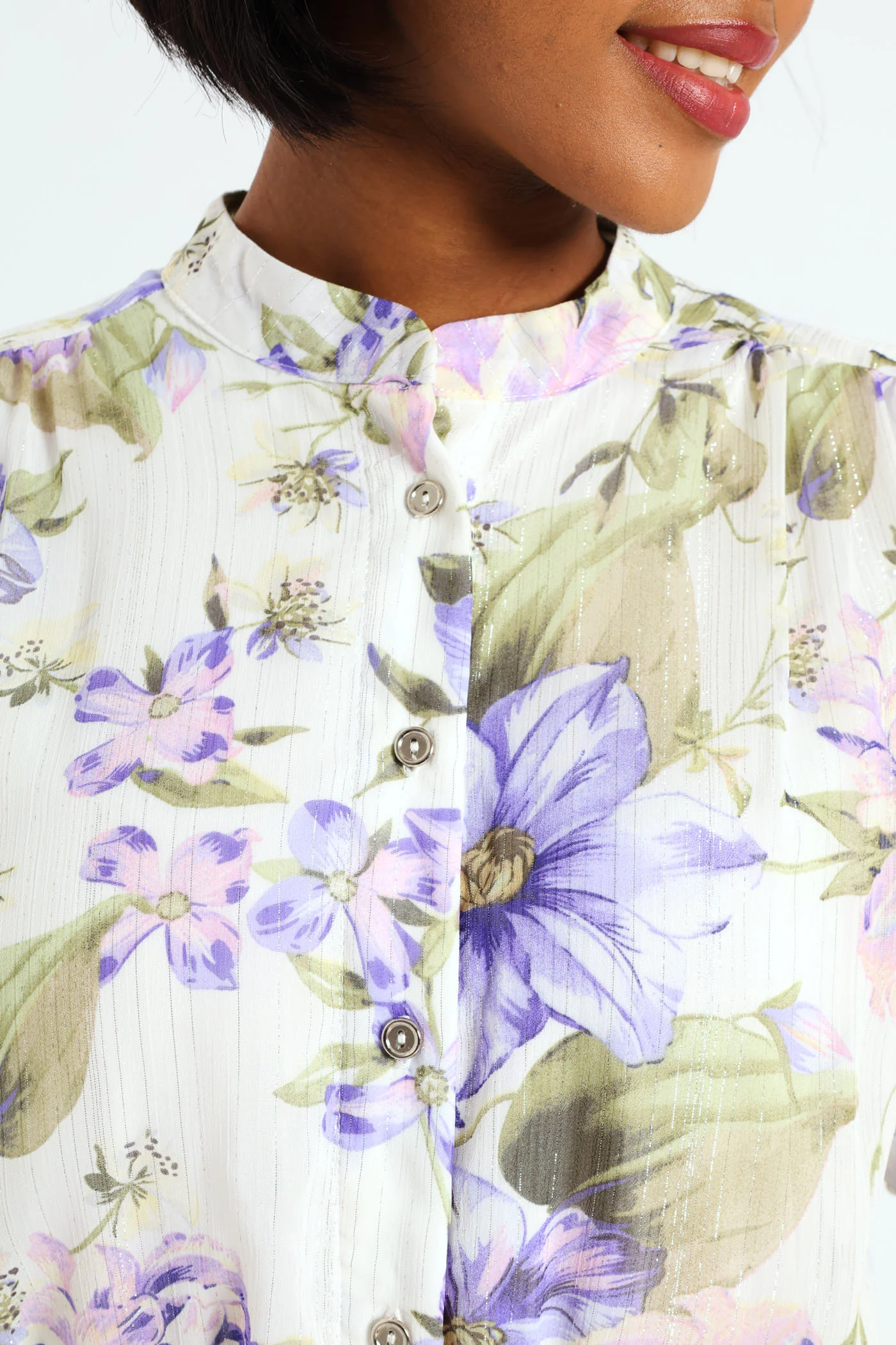 Mandarin Collar 3/4 Sleeve Floral Tea Dress - Lilac - Image 5