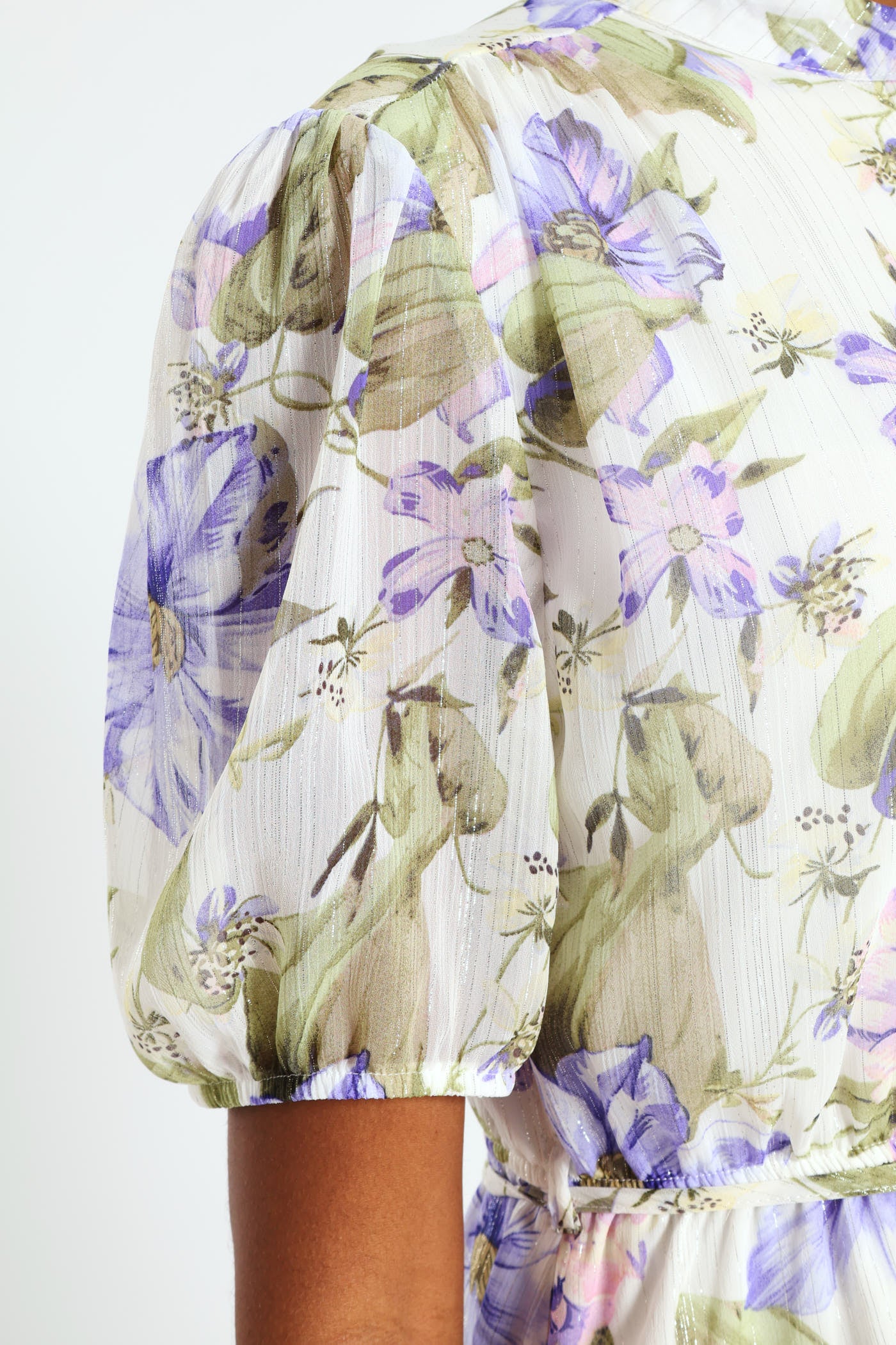 Mandarin Collar 3/4 Sleeve Floral Tea Dress - Lilac - Image 6