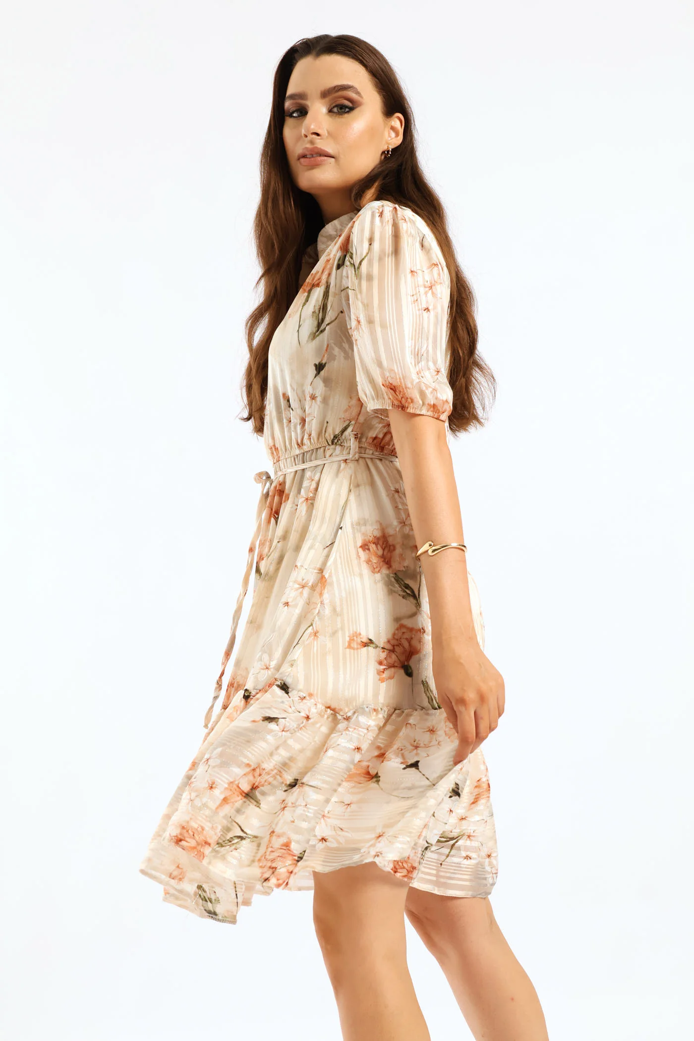 Mandarin Collar 3/4 Sleeve Tea Dress - Cream - Image 3