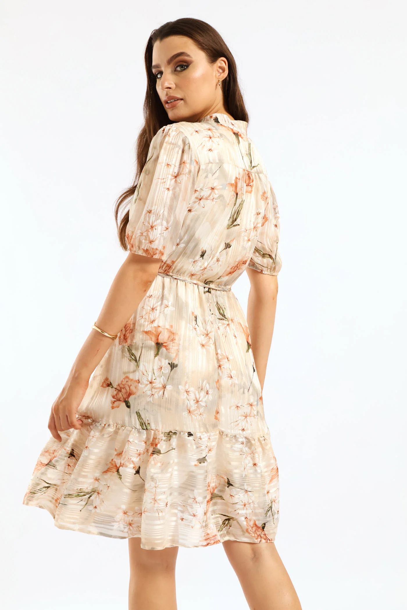 Mandarin Collar 3/4 Sleeve Tea Dress - Cream - Image 4