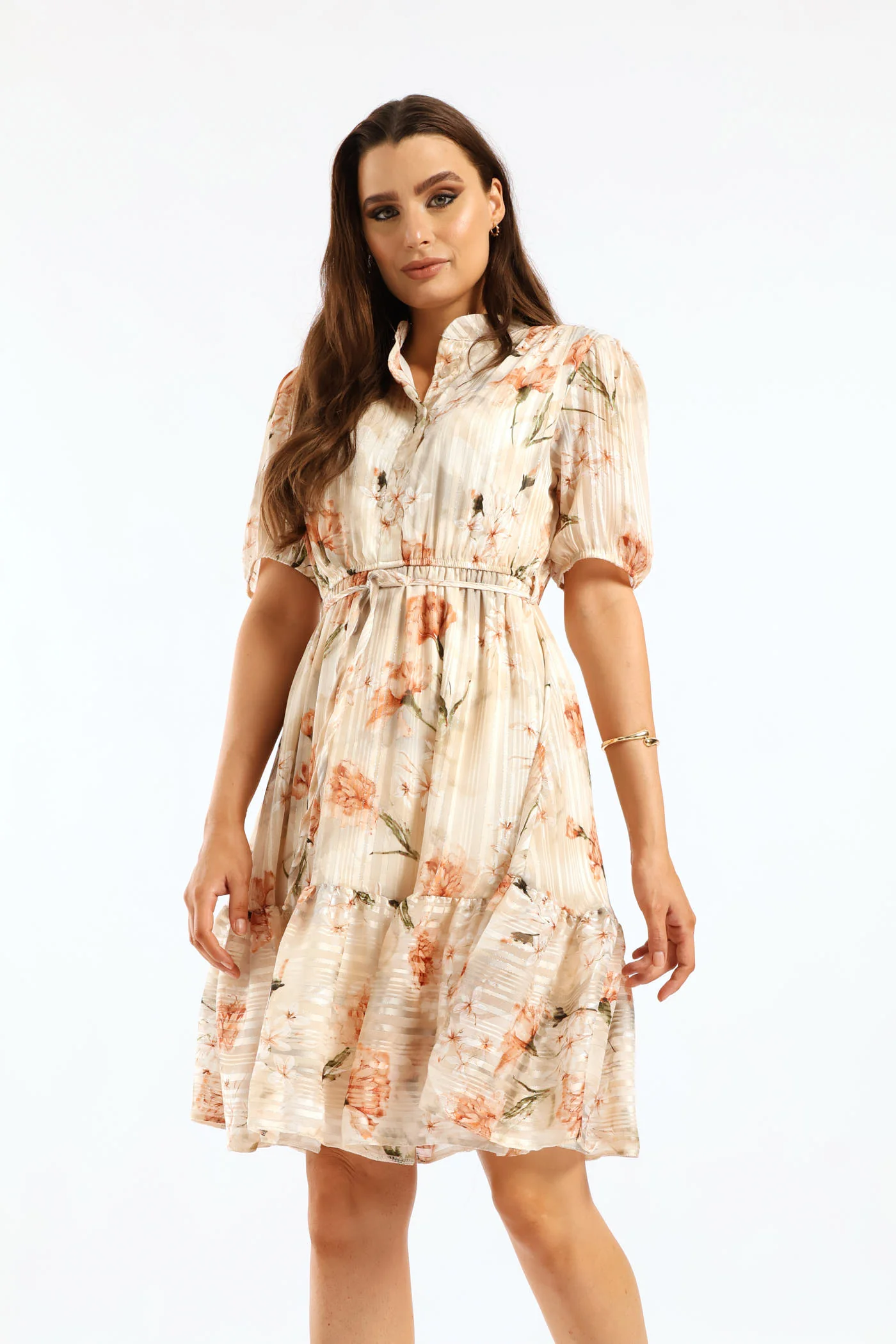 Mandarin Collar 3/4 Sleeve Tea Dress - Cream - Image 6