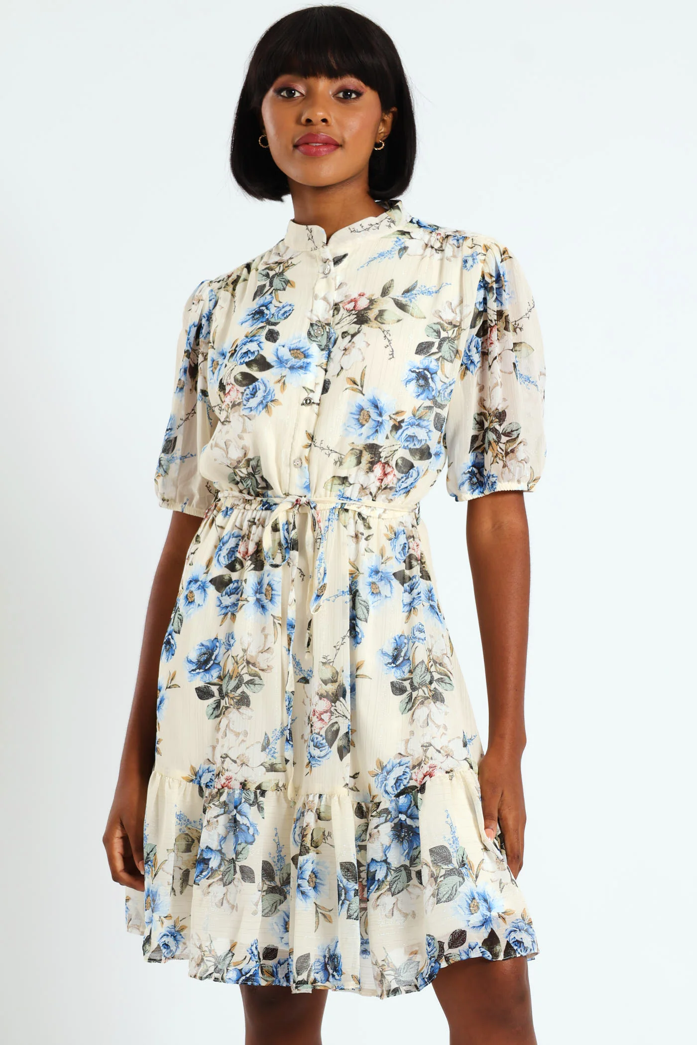 Mandarin Collar 3/4 Sleeve Tea Dress - White/Blue - Image 2